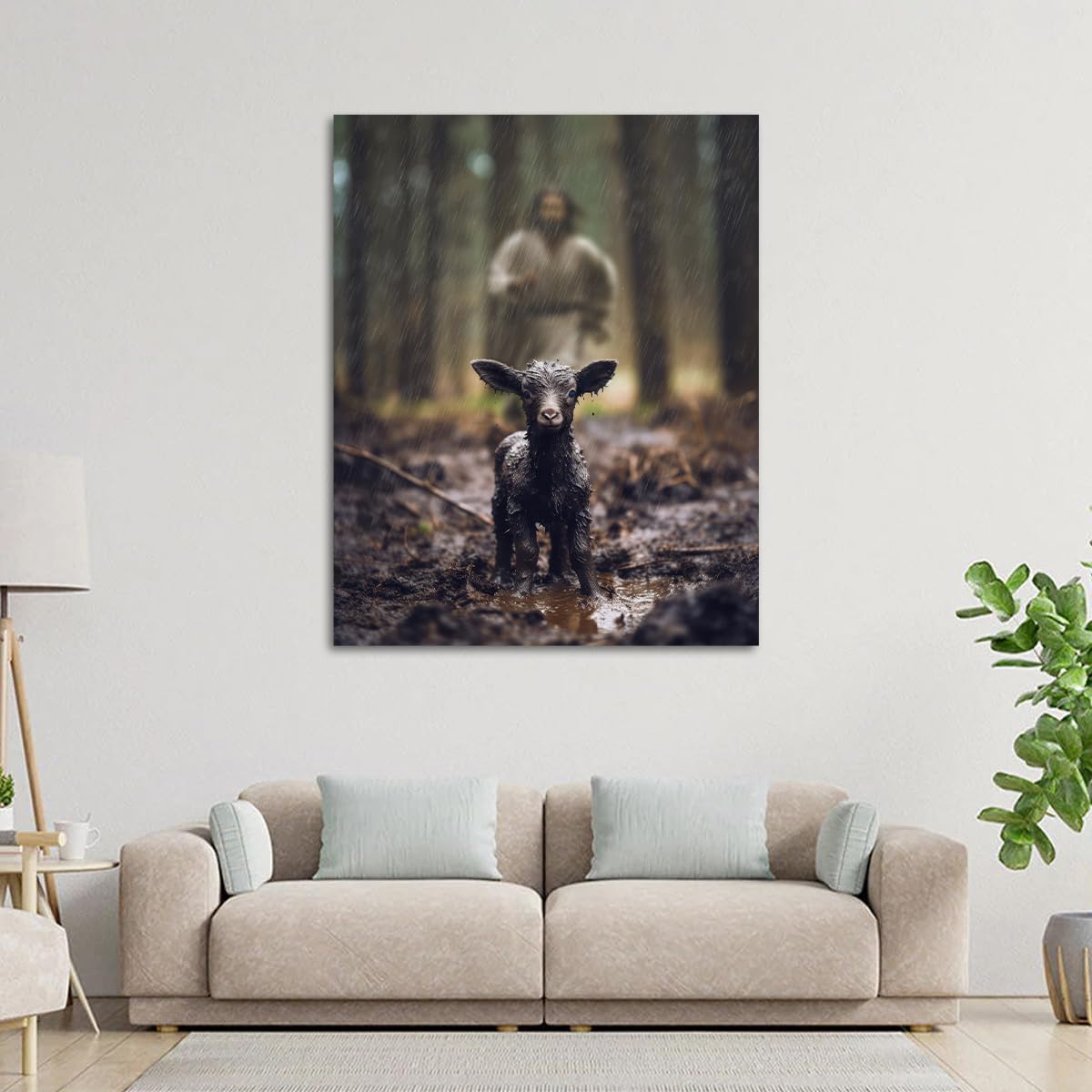 Jesus And Lamb Canvas Wall Art Black Sheep Lost Picture Wall Art Canvas Print Christian Home Decor 24X30 Inch