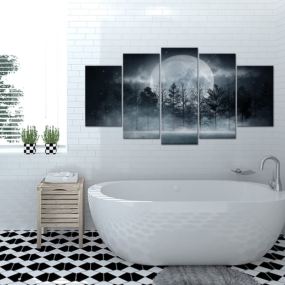 Vanseeing 5 Panels Forest Under Full Moon Canvas Wall Art Mystic Night Scene Picture Prints Large Nature Landscape Wall Decor Re