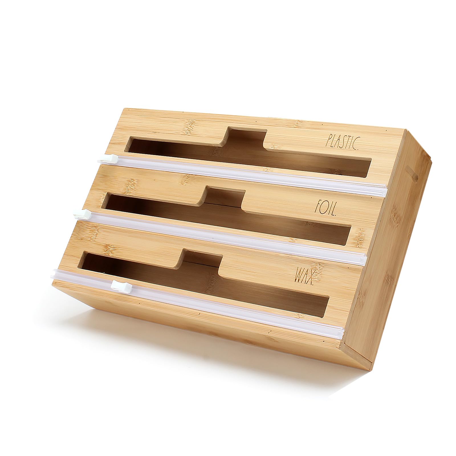 Rae Dunn 3 In 1 Wrap Organizer With Cutter, Plastic Wrap, Aluminum Foil And Wax Bamboo Dispenser For Kitchen Storage Organizatio