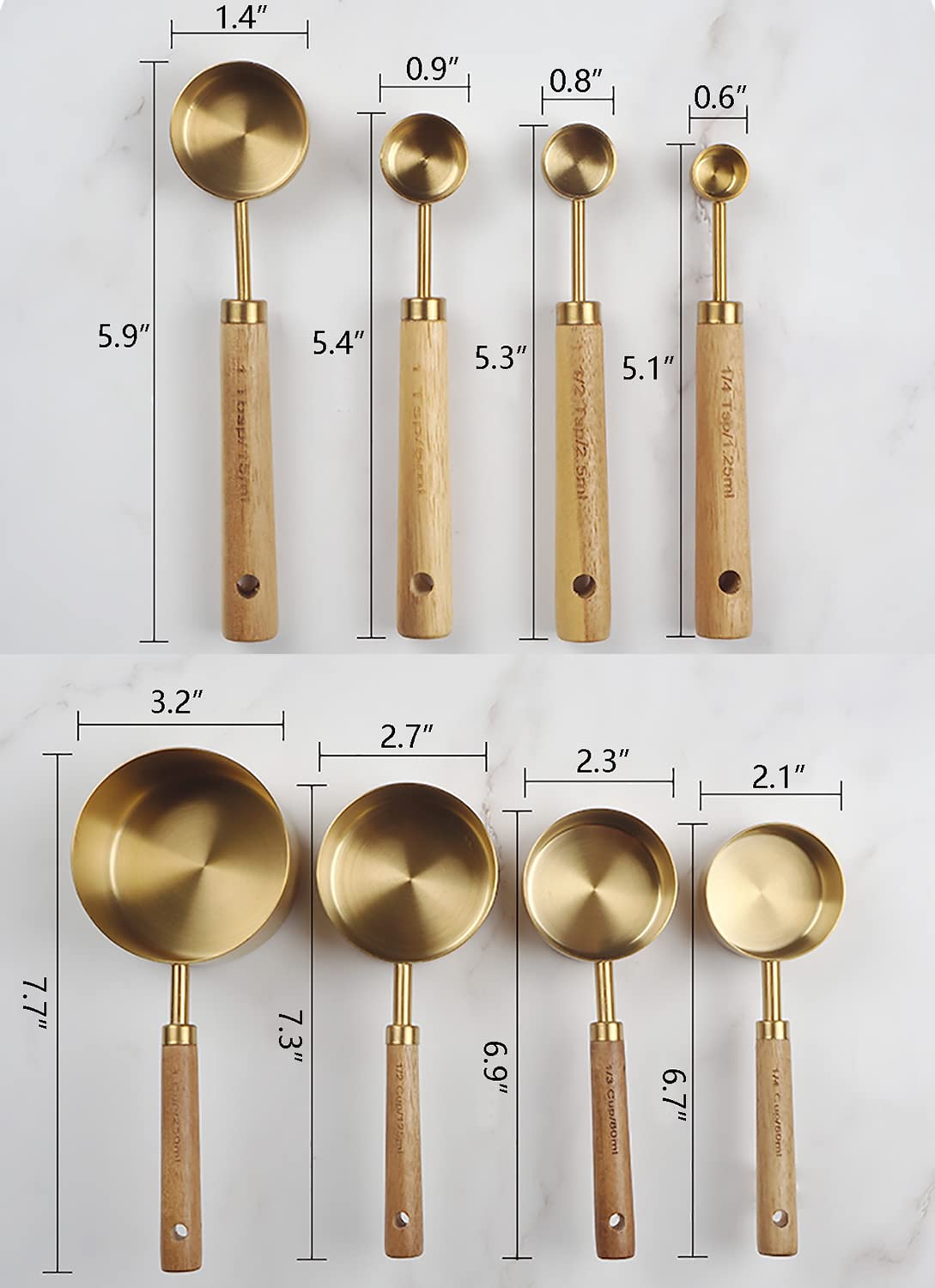 Dadamong Measuring Cups And Spoons Set Of 8, Stainless Steel Gold Measuring Cups Kit With Wooden Handle, Kitchen Cooking Baking