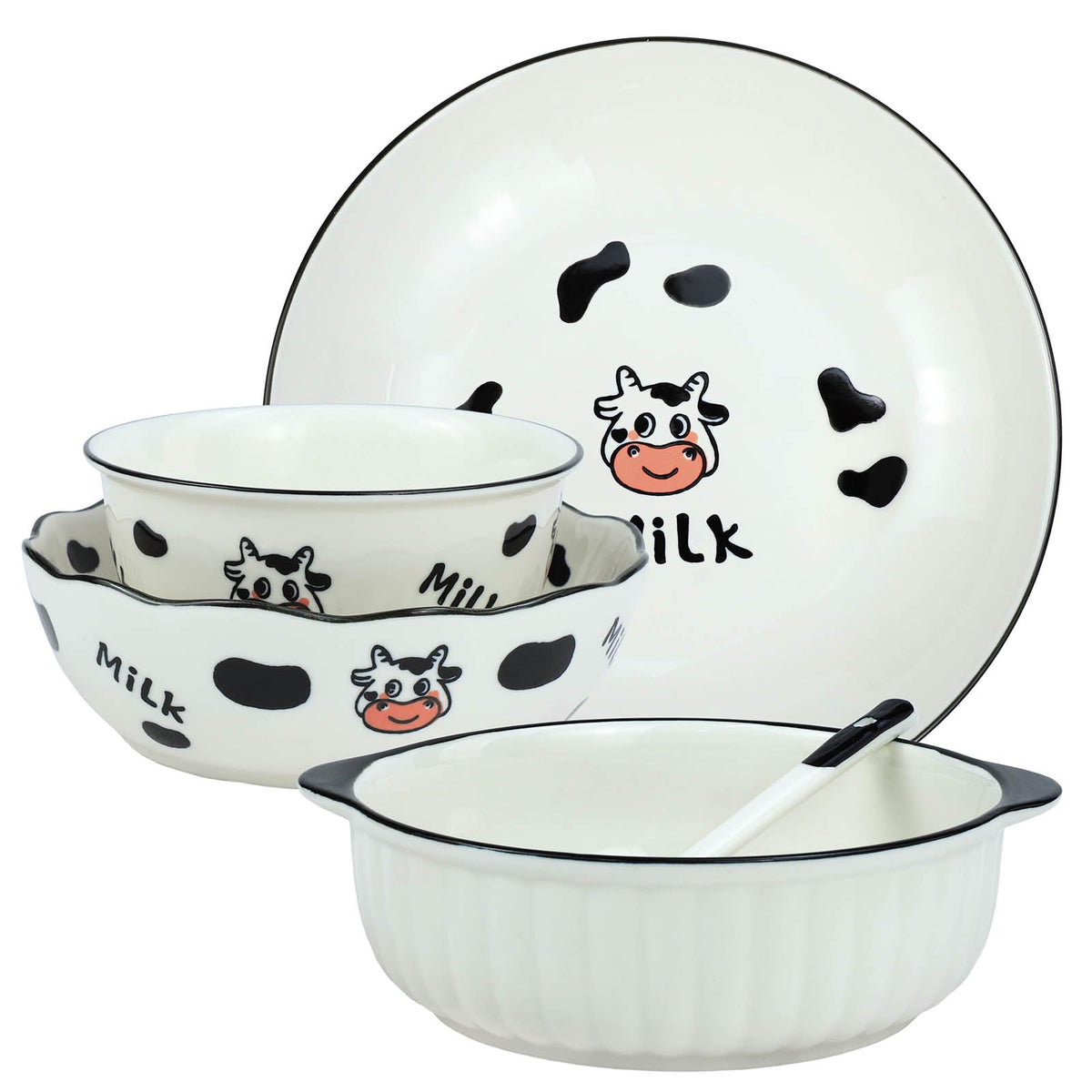 Bicuzat Cute Cartoon Milk Cow Dinnerware Sets, Ceramic Cow Dinner Plate Bowl Spoon Set For One, Set Of 5