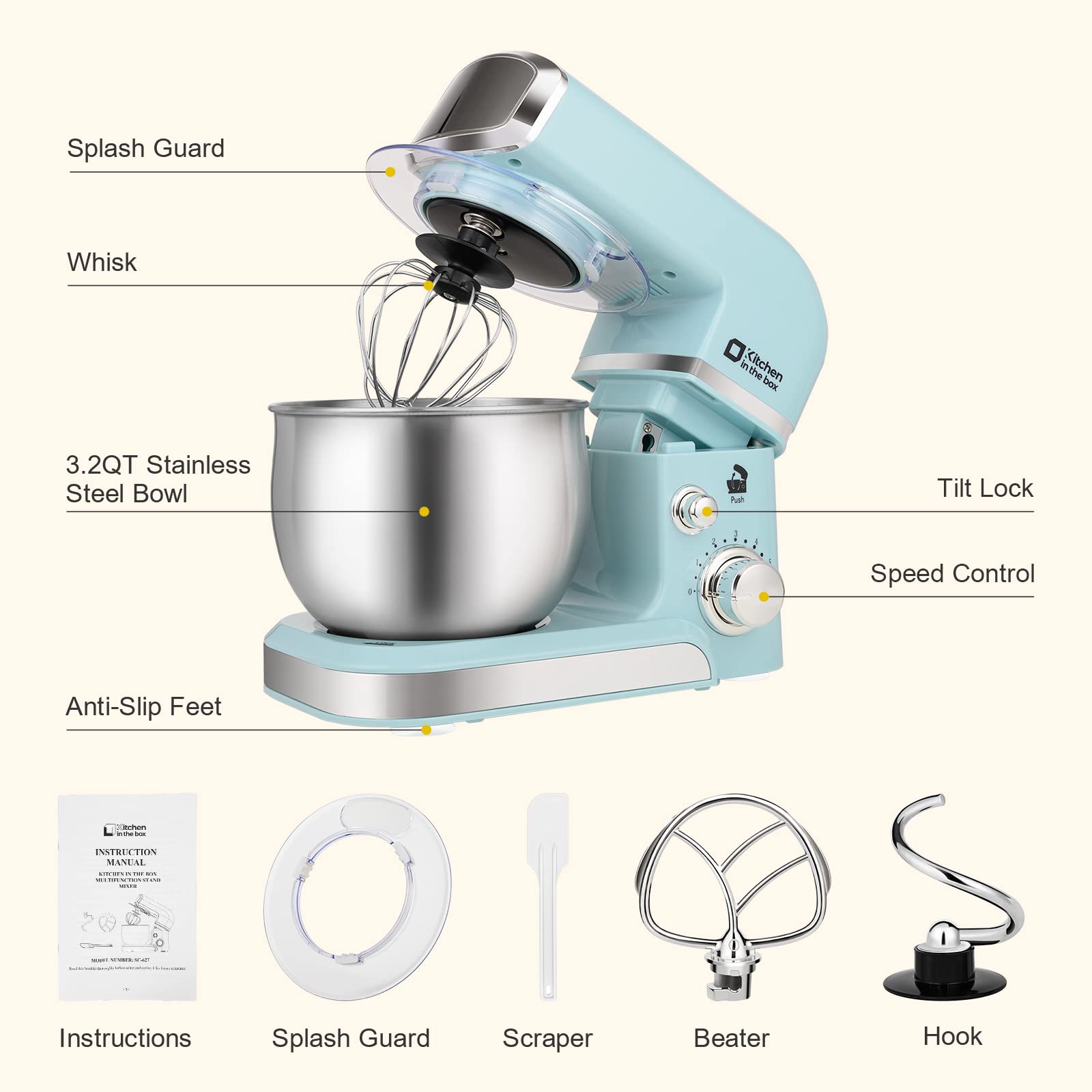 Kitchen in the box Stand Mixer, 3.2Qt Electric Food Mixer, 6 Speeds, Blue, ABS Plastic, Stainless Steel, Lightweight for Daily Use
