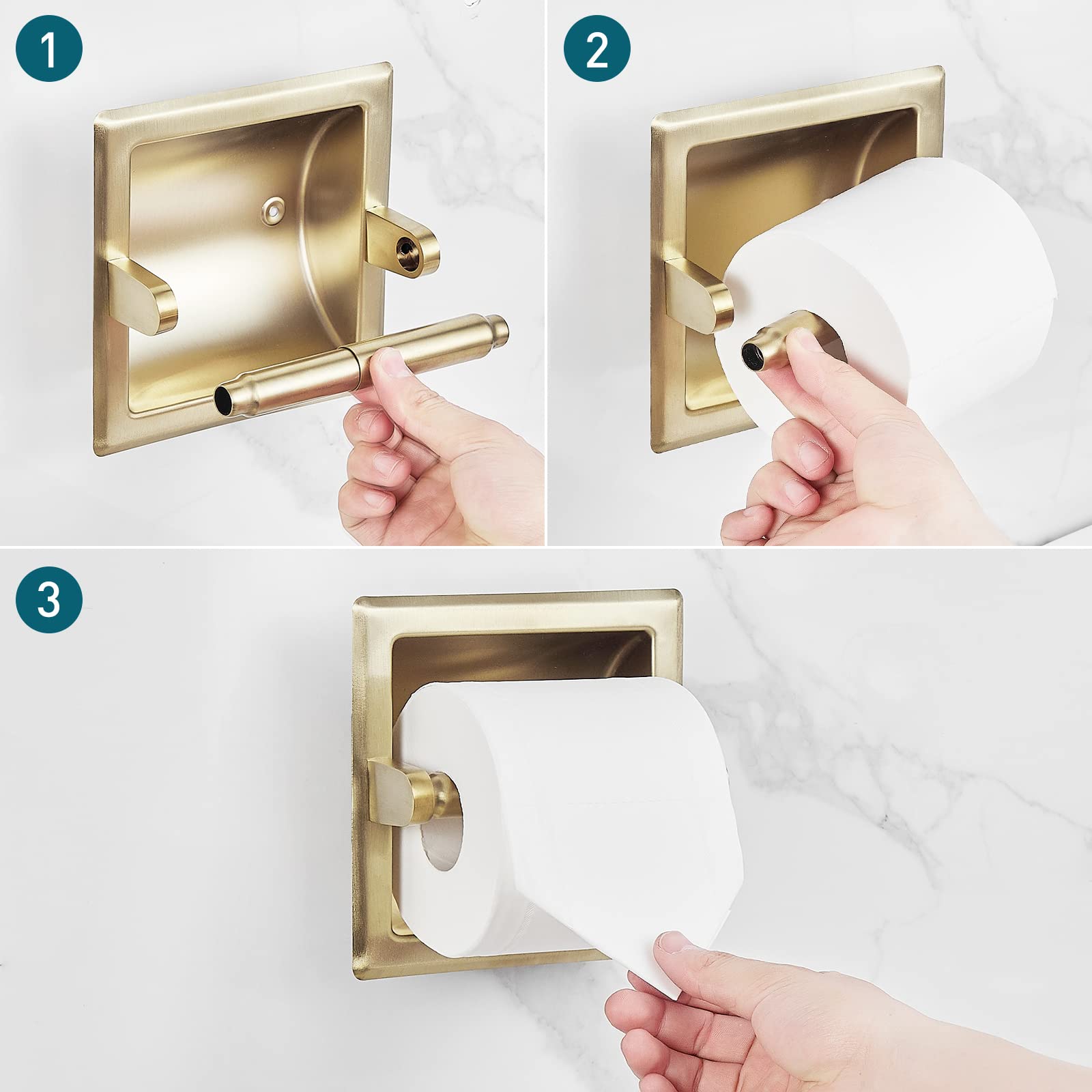 Pokim Recessed Toilet Paper Holder In Wall Mounted With Rear Mounting Bracket Stainless Steel Heavy Duty Brushed Gold Finish 6.2