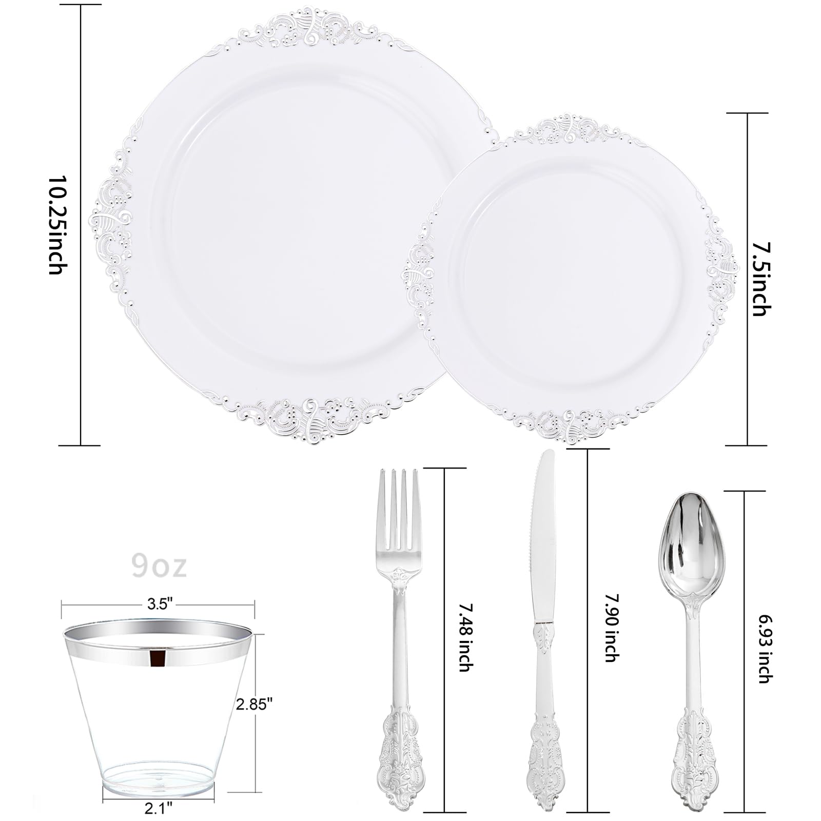 Liacere 350Pcs Silver Plastic Plates&Pre Rolled Napkins For 50 Guests - Plastic Dinnerware Sets 100Silver Disposable Plates, 150