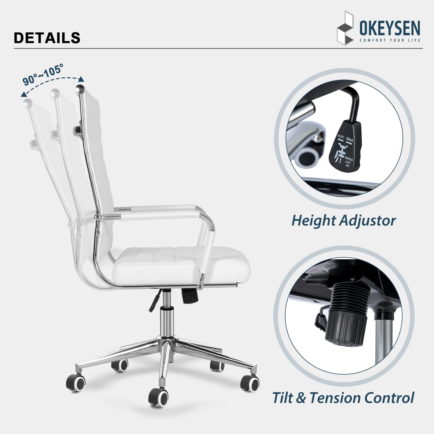 Okeysen Ergonomic Office Desk Chair, Modern Leather Conference Room Chairs Ribbed, High Back Executive Swivel Rolling Chair For