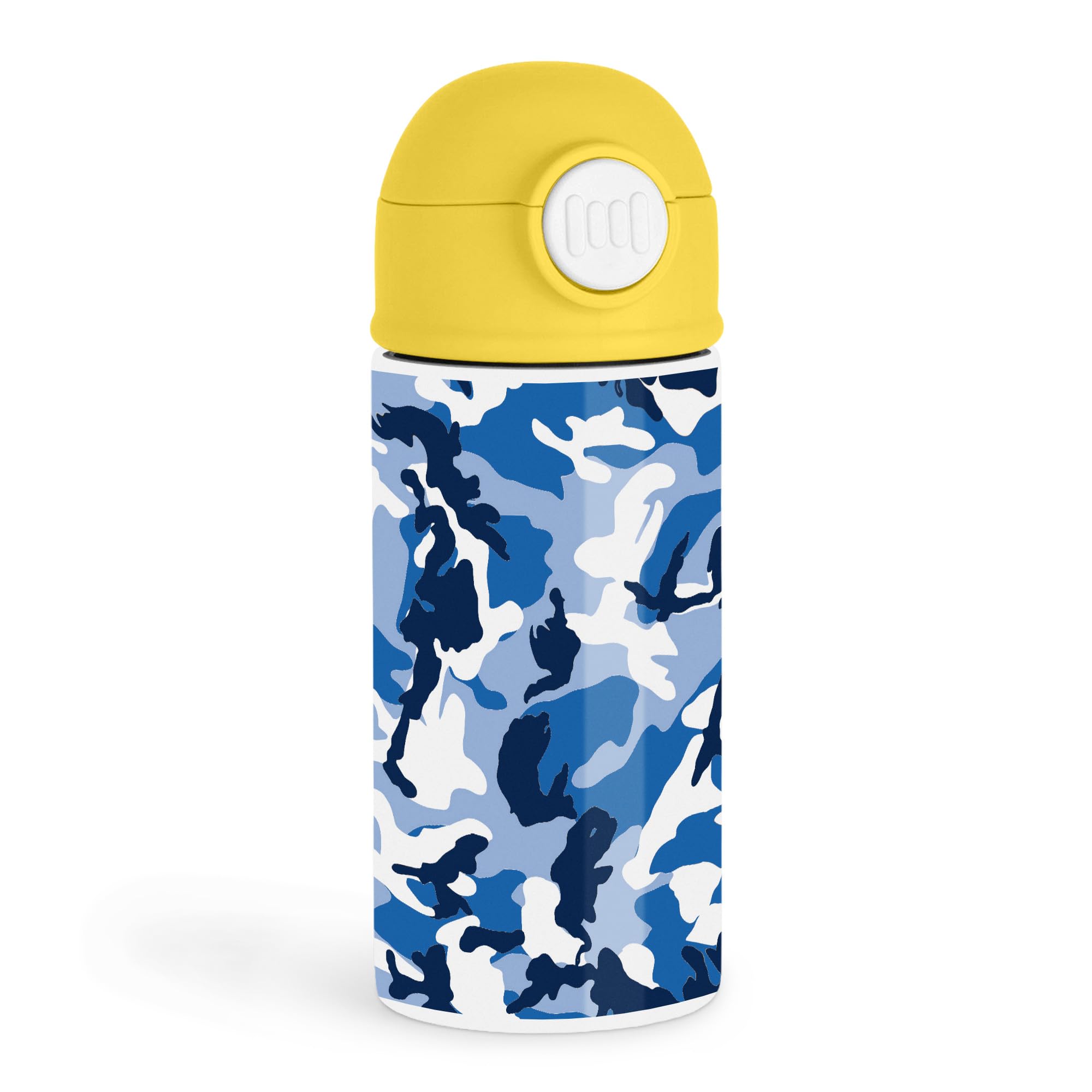 Empowering Young Adventurers 12oz Kids Water Bottle Yellow  Blue camouflage pattern with white accents  Camping Trip, School D