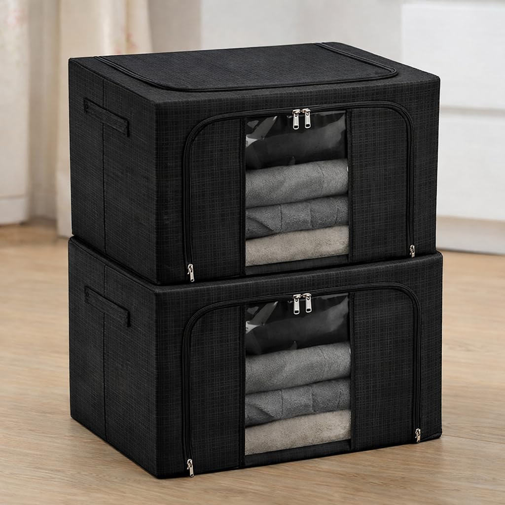 Zollyss Wardrobe Organizer For Storage  Foldable Steel Frame Cloth Organizer For Storage Box With Clear Window, 66L, 50X40X33 C