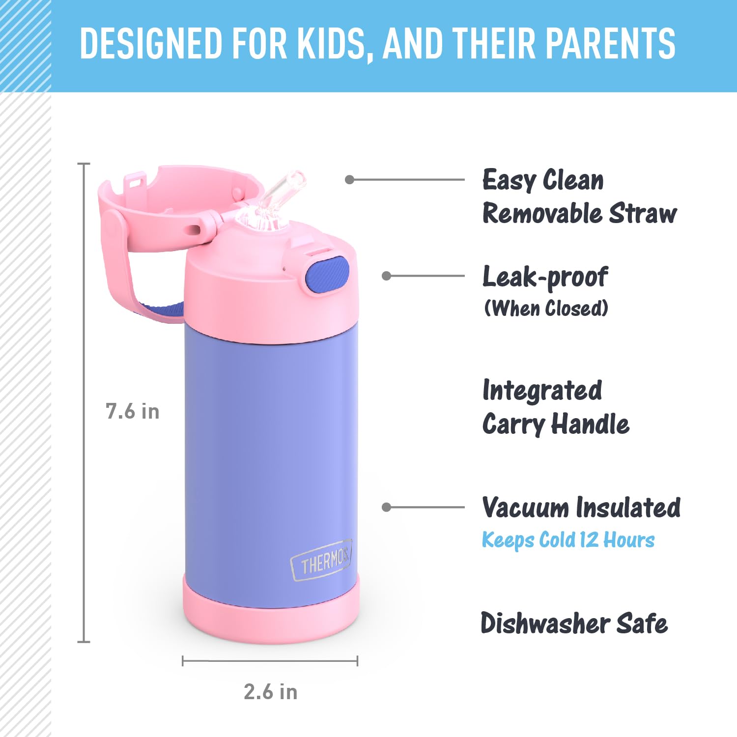 Thermos Funtainer Water Bottle With Straw - 12 Ounce, Purple/Pink - Kids Stainless Steel Vacuum Insulated Water Bottle With Lid