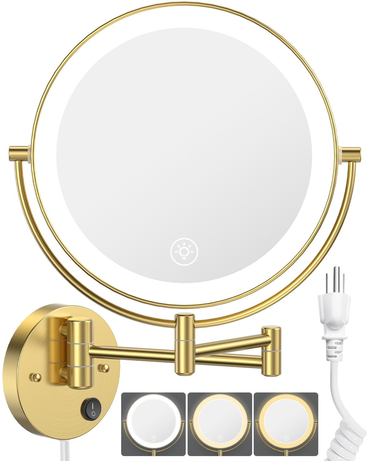 Benbilry 9    Wall Mounted Lighted Makeup Vanity Mirror With 3 Color Dimmable Lights, Super Large 1X/10X Magnifying Double Sided