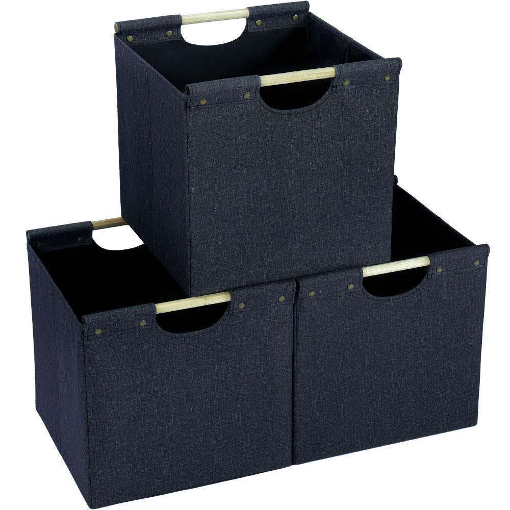 Hoonex Collapsible Storage Bins, 13X13X13In Storage Cubes Linen Fabric, 3 Pack, Storage Baskets With Wooden Carry Handles And St