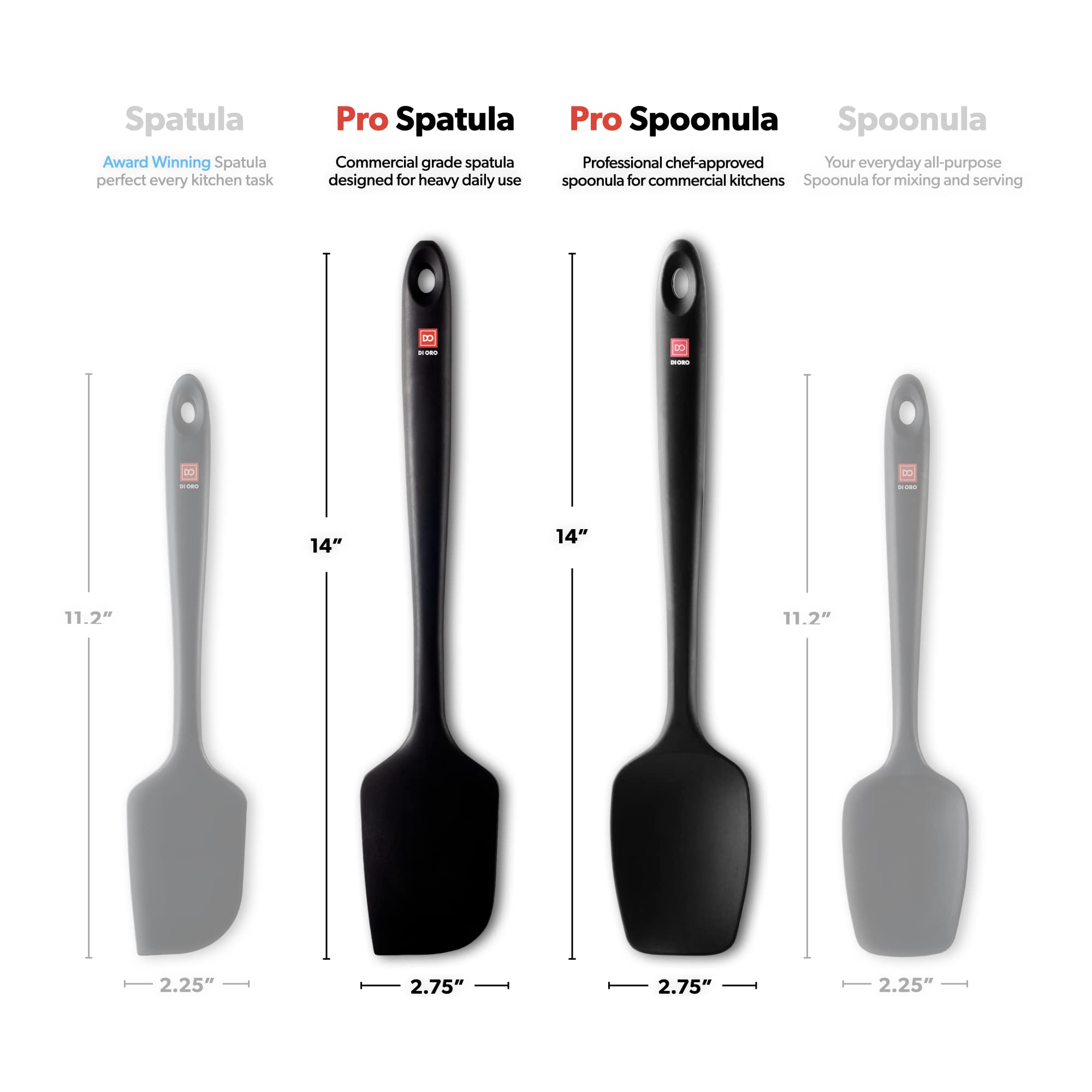 di Oro Living Silicone Spoonula & Spatula Set - 600°F Heat-Resistant, Black, 14" - Commercial Grade Kitchen Utensils (DOL-PS-030)