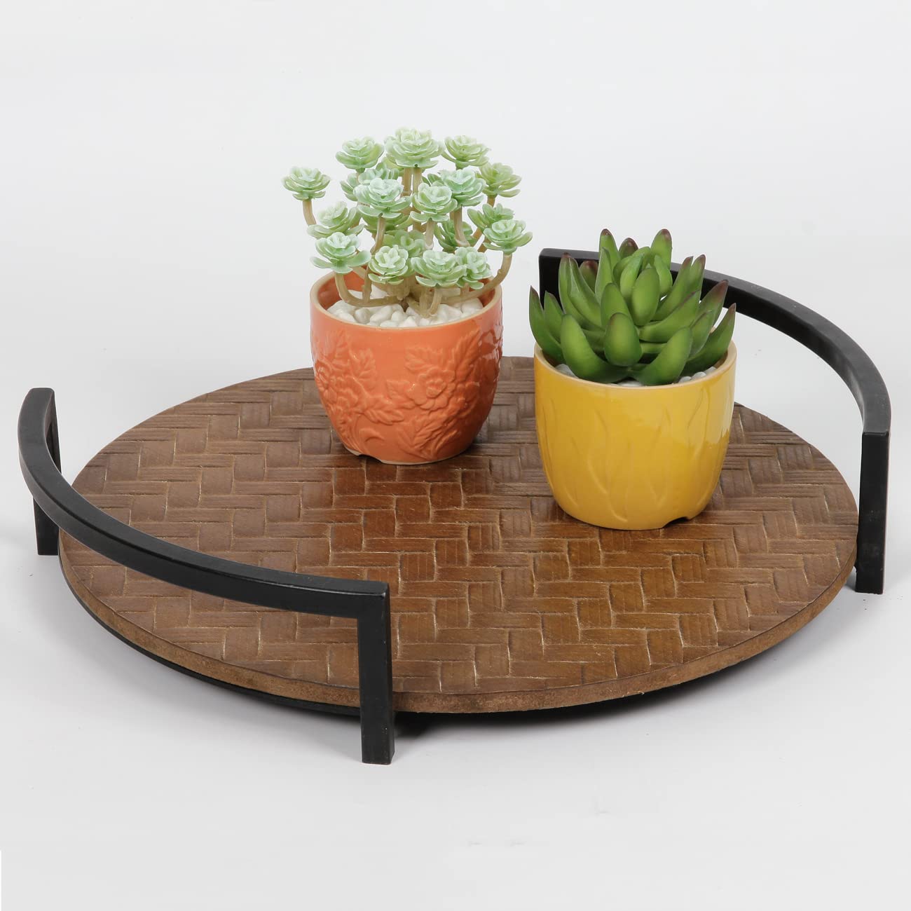 Farmhouse Round Decorative Tray,Wood Serving Tray With Metal Handles, Rustic Ottoman Coffee Table Accent Tray, Centerpieces For