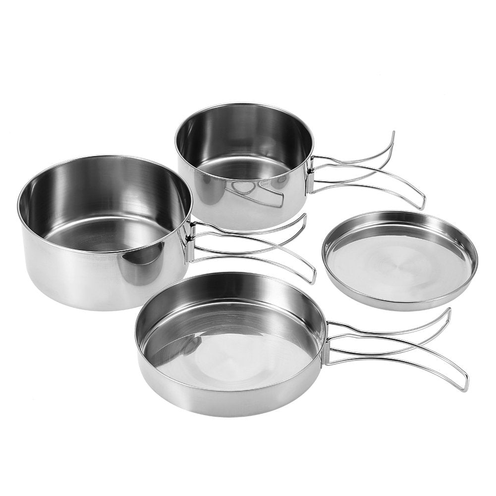 Camping Cooking Set, Backpacking Camping Cookware Mess Kit, 4Pcs Portable Stainless Steel Camping Picnic Outdoor Pan Pot Plate T