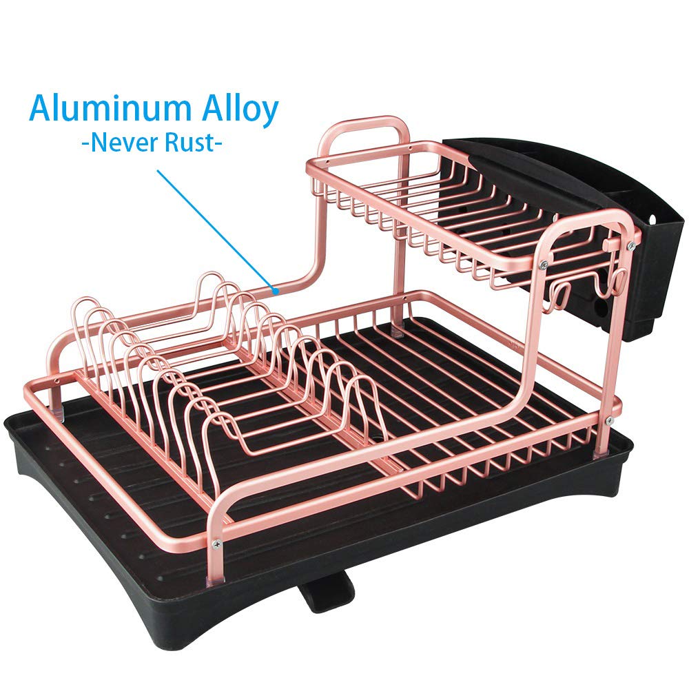Tomorotec Never Rust Aluminum Dish Rack And Drain Board With Utensil Holder, 2-Tier Kitchen Plate Cup Dish Drying Rack Tray Cutl