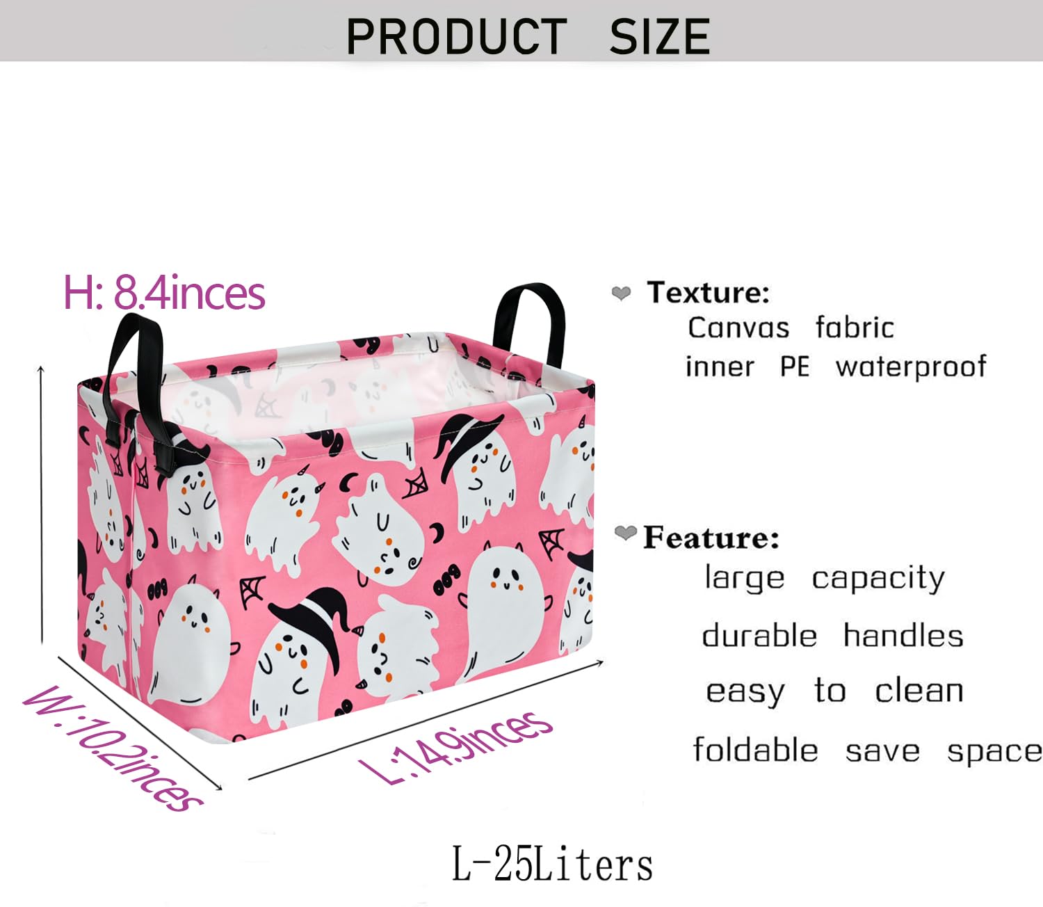 KUNRO Pink Ghost Pattern Halloween Storage Gift Basket Canvas Storage Bins with Handles Rectangle Storage Cubes Organizer for Be