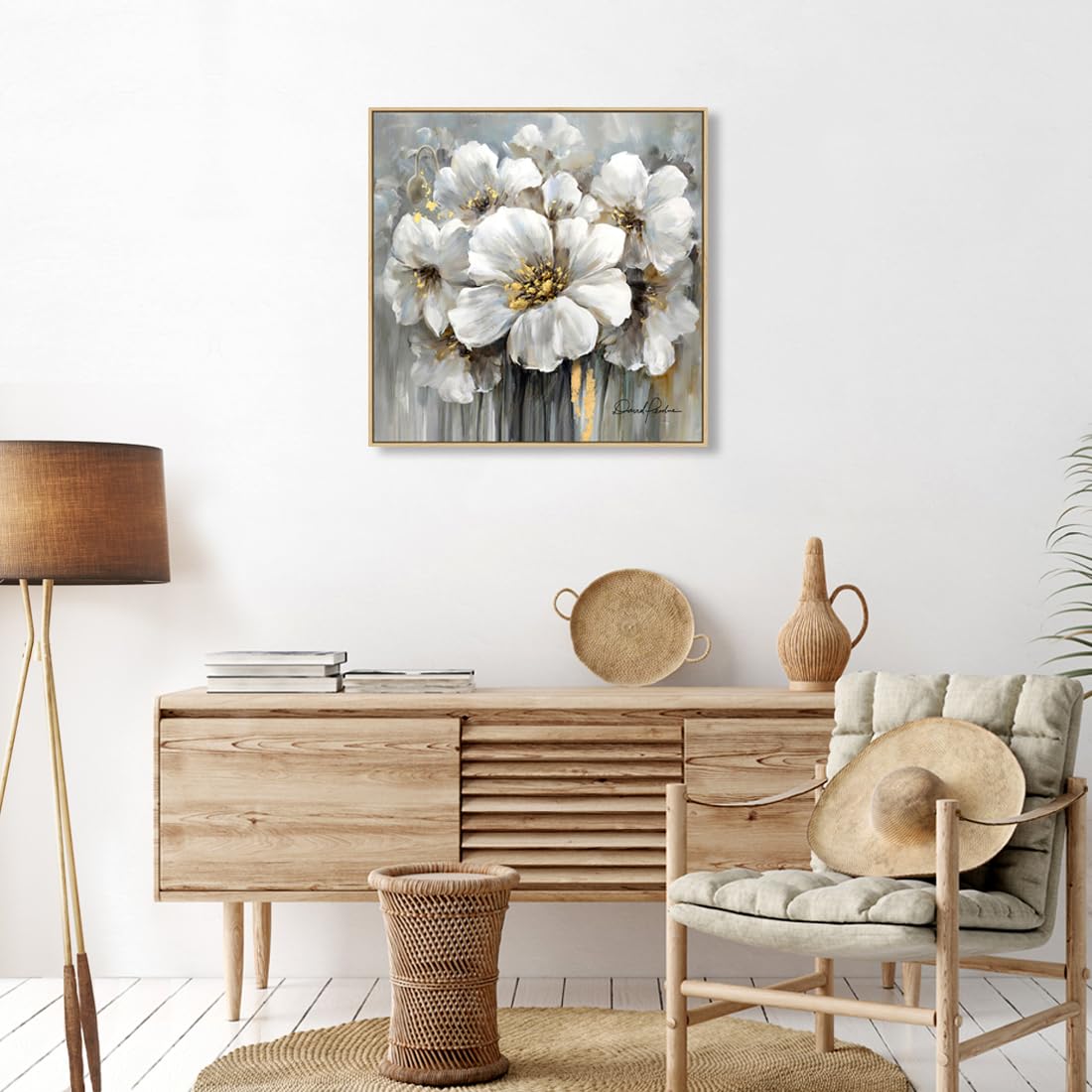 Living Room Flowers Wall Art White And Gray Floral Pictures With Gold On Canvas For Home Decor Framed 24X24, Solid Wood Frame