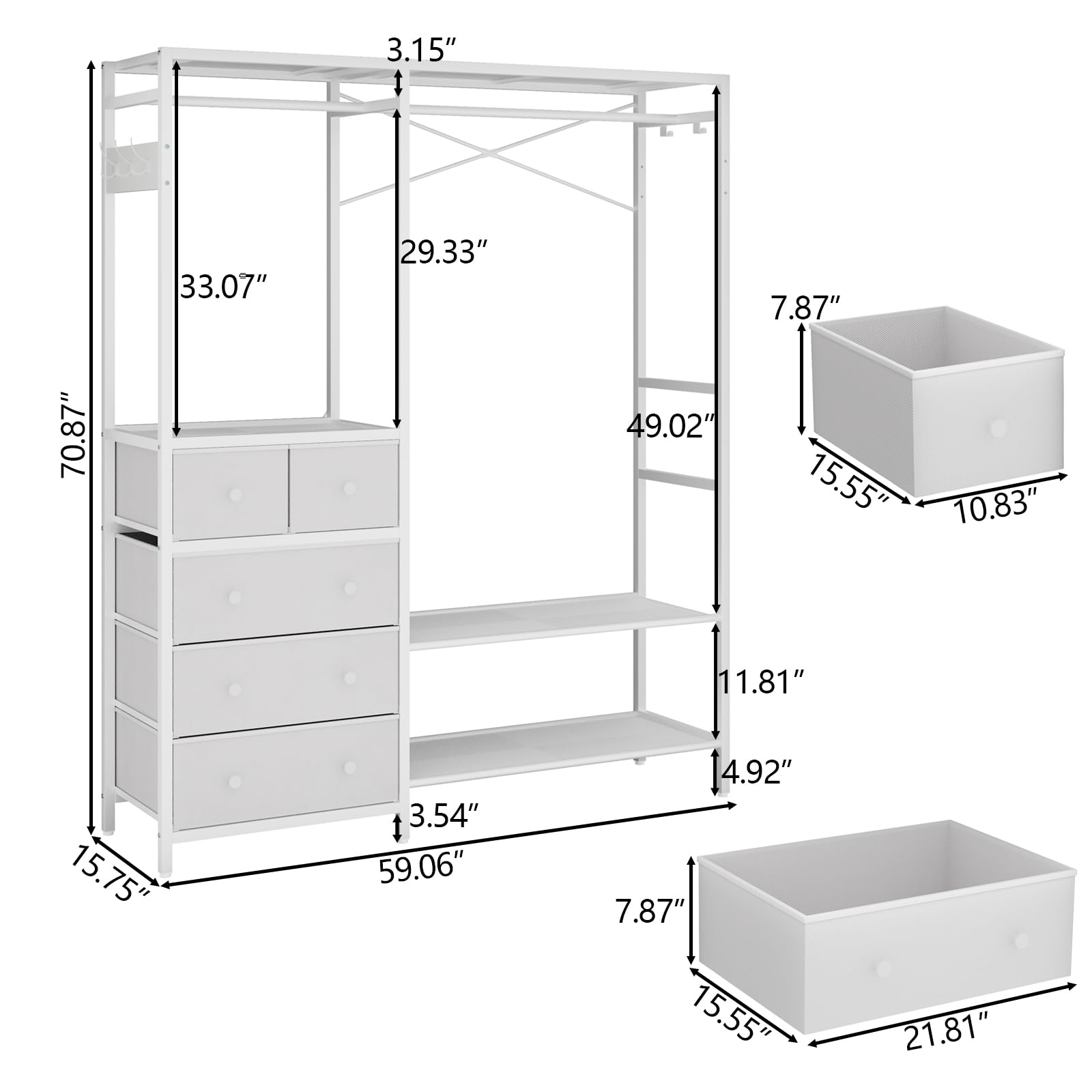 Auromie Clothes Rack With 5 Drawers & 4 Storage Shelves, 59.1W*70.9H Heavy Duty Clothing Rack With 2 Hanging Rods, Wardrobe Clos