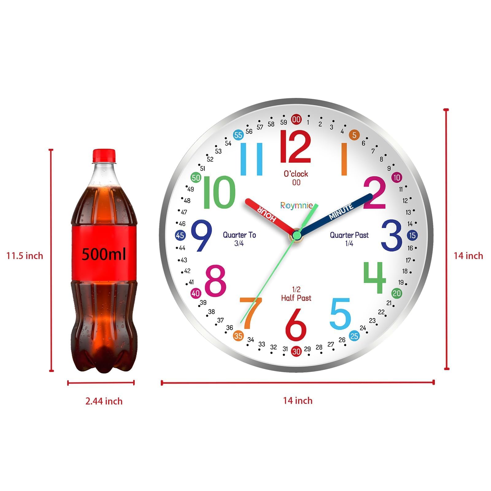 Roymnie 14 Inch Wall Clock for Kids Learning to Tell Time, Modern Silent Battery Operated Teaching Clock, Ideal Gift for Kids Ro