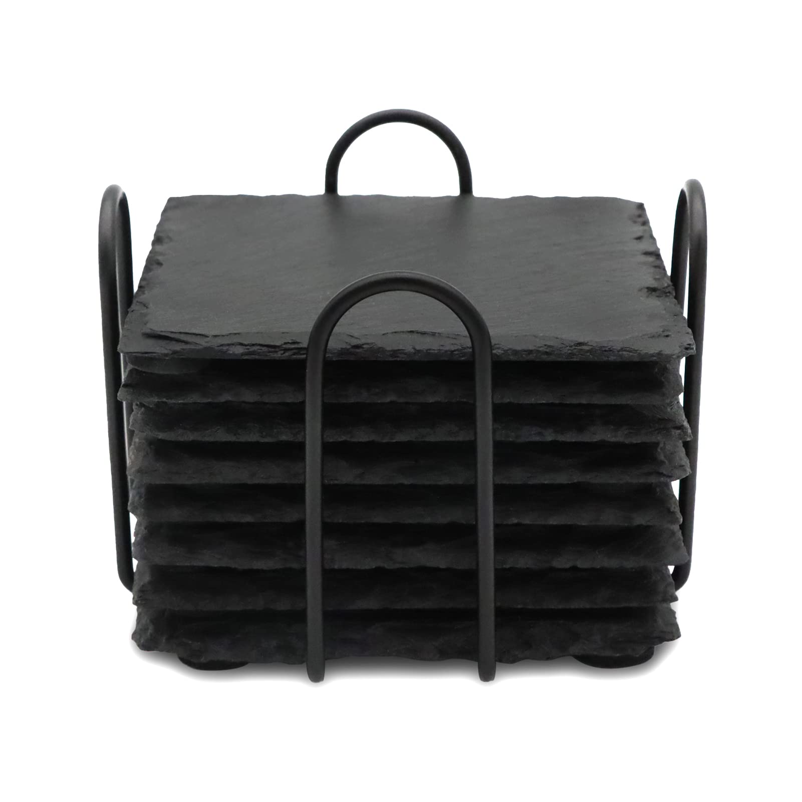 8 Pcs Square Slate Drink Coasters Set, Sijdiee 4 Inch Black Slate Stone Coasters With Anti-Scratch Bottom And Coaster Holder For