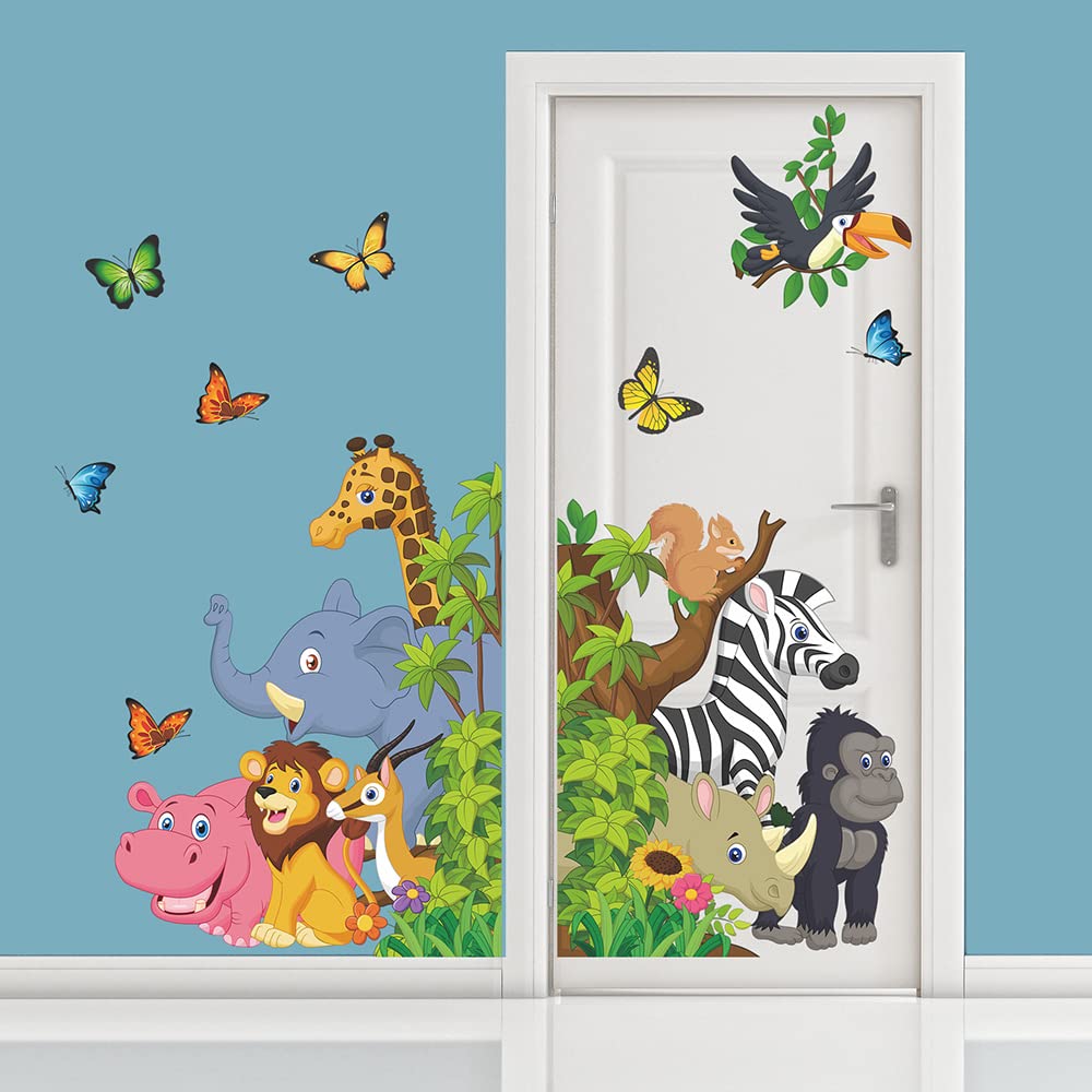 Supzone Cartoon Animal Wall Decal Jungle Animals Wall Stickers Elephant Lion Zebra Butterfly Wall Decor For Kids Baby Diy Vinyl