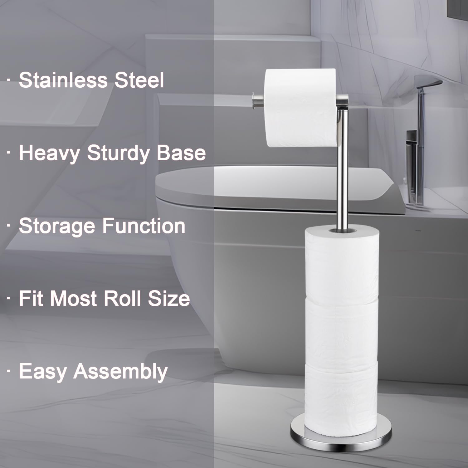 Welllink Toilet Paper Holder Stand, Floor Standing With Heavy Weighted Base - Holds 4 Rolls, Polished Chrome Bathroom Tissue Org