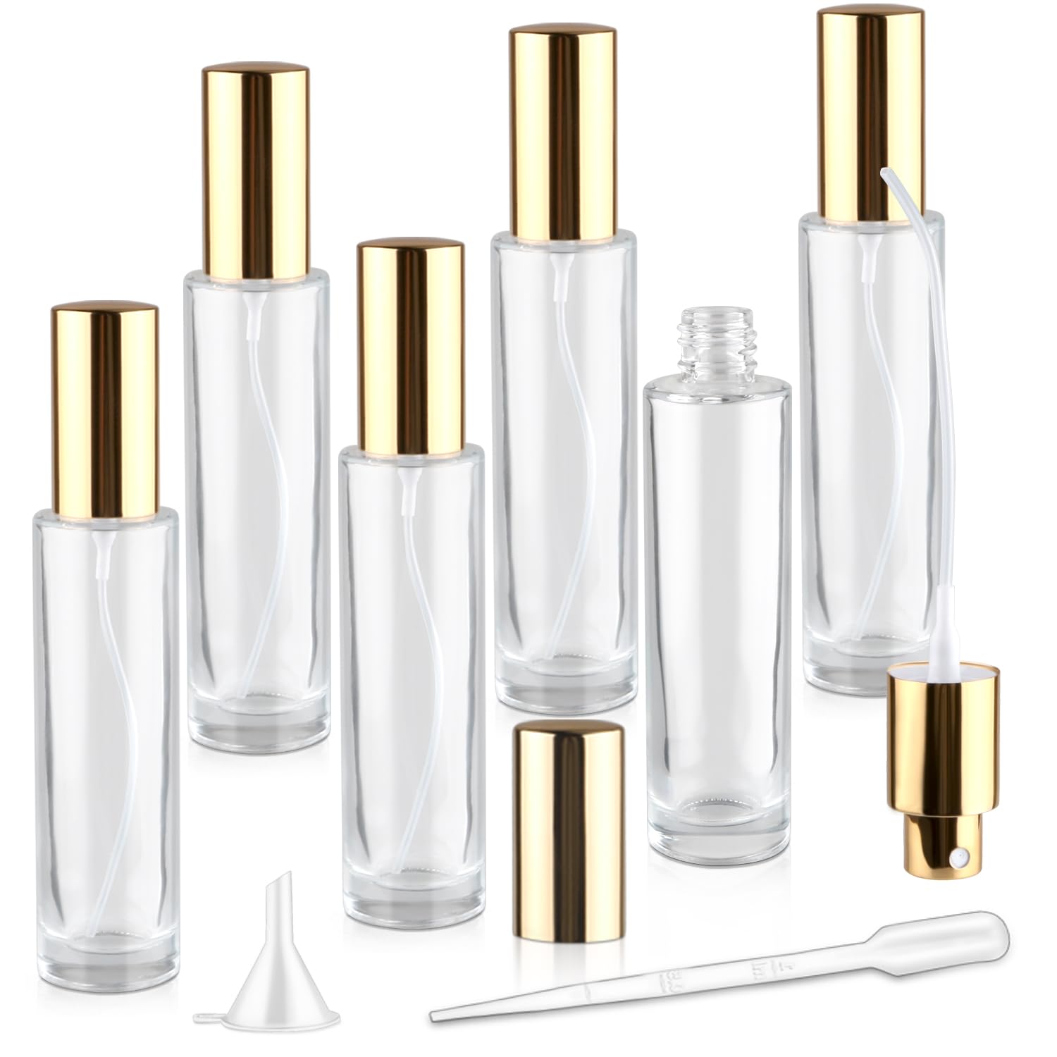 Mirrline 6 Pcs 50ml/1.7oz Glass Spray Bottle Refillable Perfume Bottles with Atomizer & Golden Lid for Perfume Cleaning Products