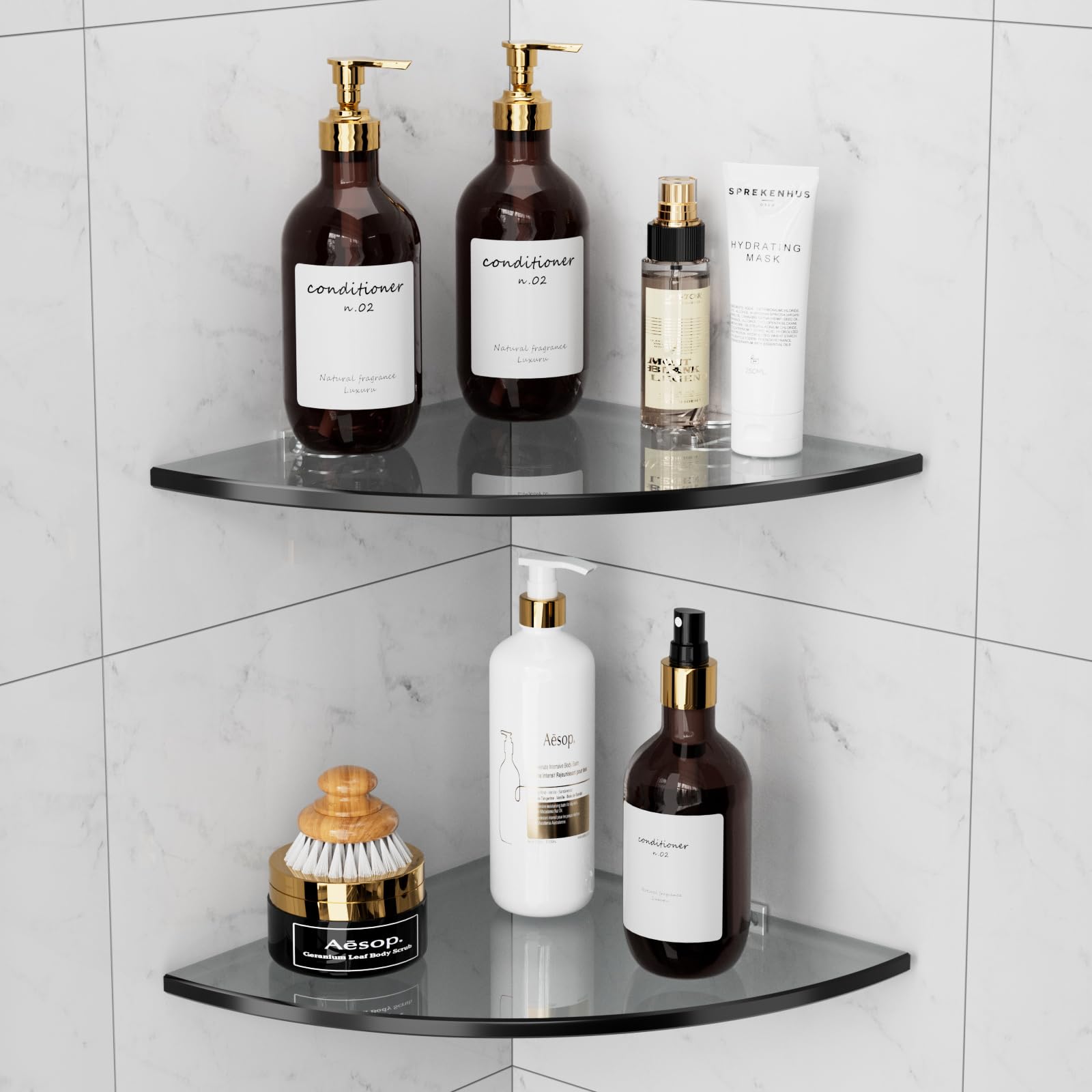 SHUAIAIW 2 Tiers No Drill Corner Glass Shelf, Shower Shelf for Inside Shower, Shower Wall Organizer, Shampoo Holder, Corner Shel