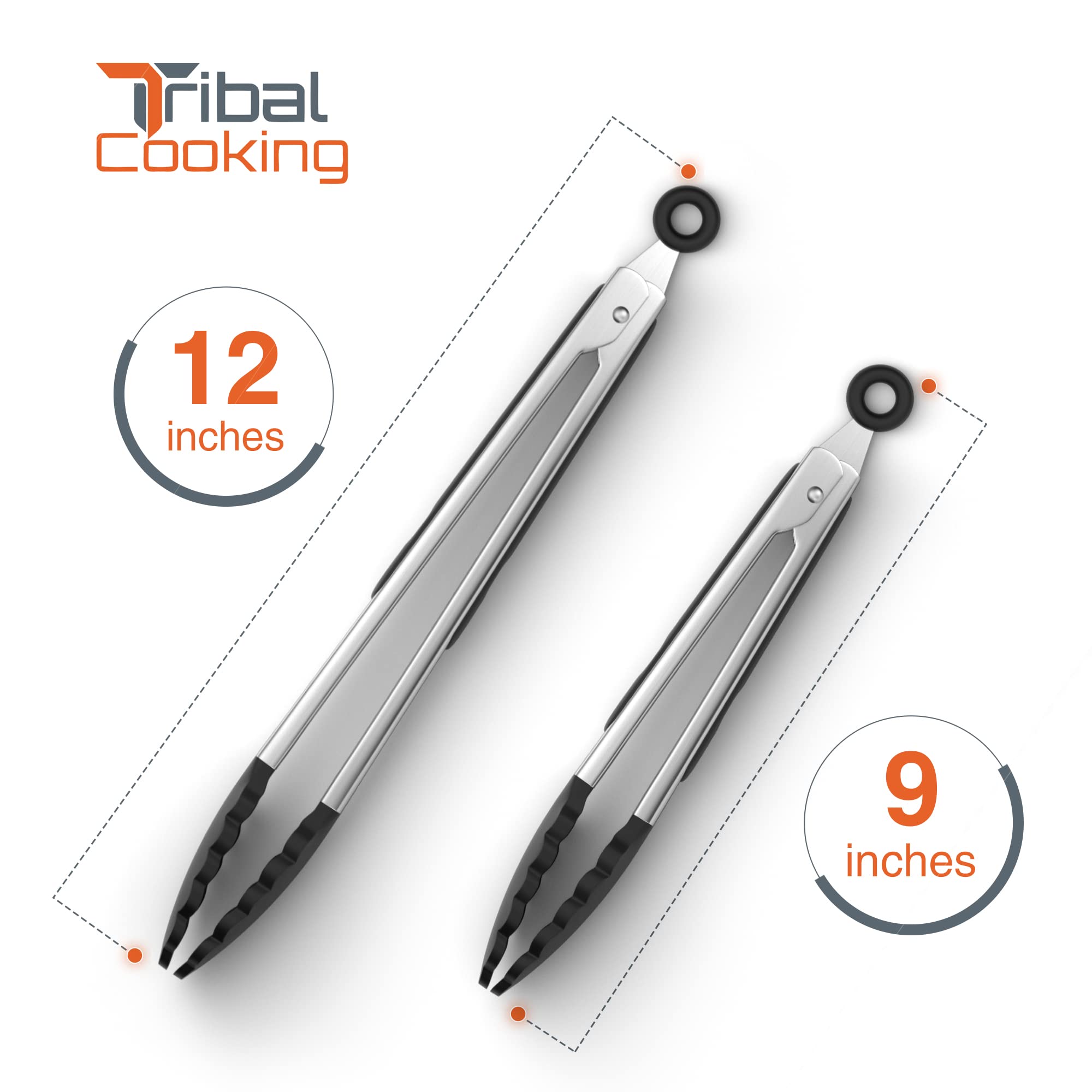 Tribal Cooking Kitchen Tongs With Silicone Tips - Stainless Steel Tongs For Cooking - 9'' And 12'' Tongs With Silicone Rubber Gr