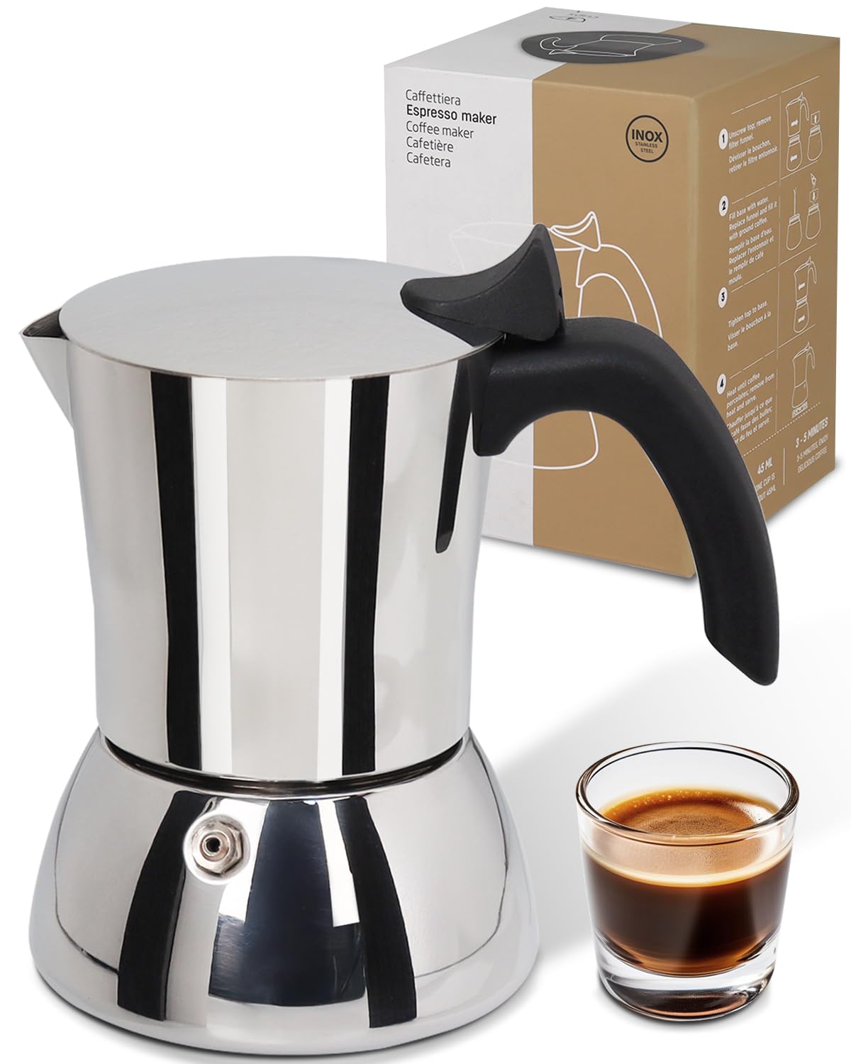 Belly Moka 4 Cup (6.8oz/200ml) No Coating Stovetop Espresso Maker