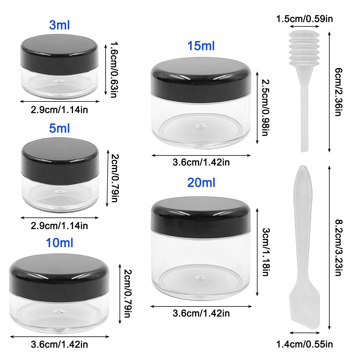 18 Pcs Makeup Travel Containers With Lids 3/5/10/15/ 20 Gram Size Cosmetic Jars With 4 Pcs Mini Spatulas And Dropper, Round Clea