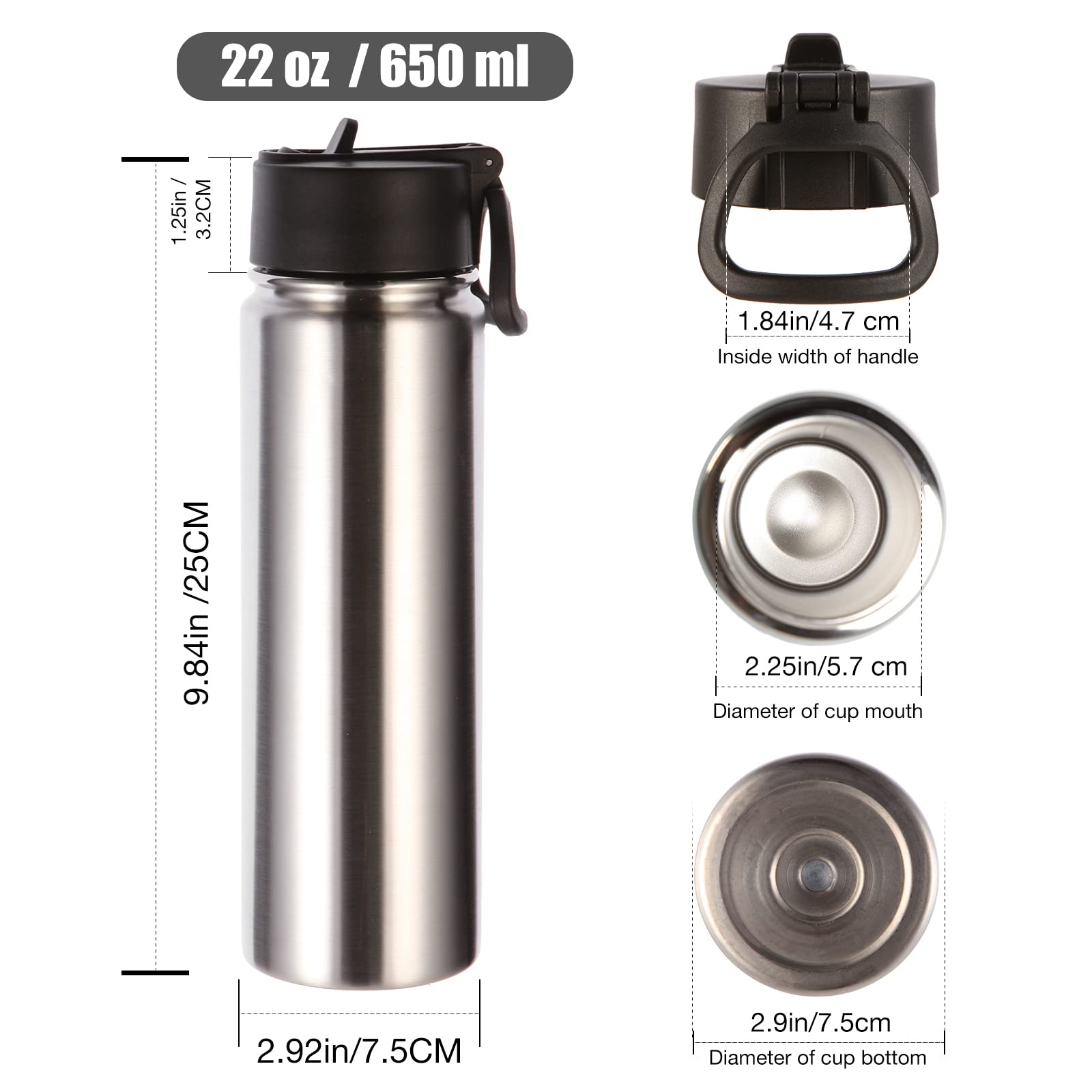 Volhoply Insulated Water Bottles with Straw Bulk 4 Pack  22 oz Stainless Steel Sports Bottle with Handle Lid  Double Walled Vacuum Travel Water Thermos with Wide Mouth for School Hiking(Silver 4 Set)