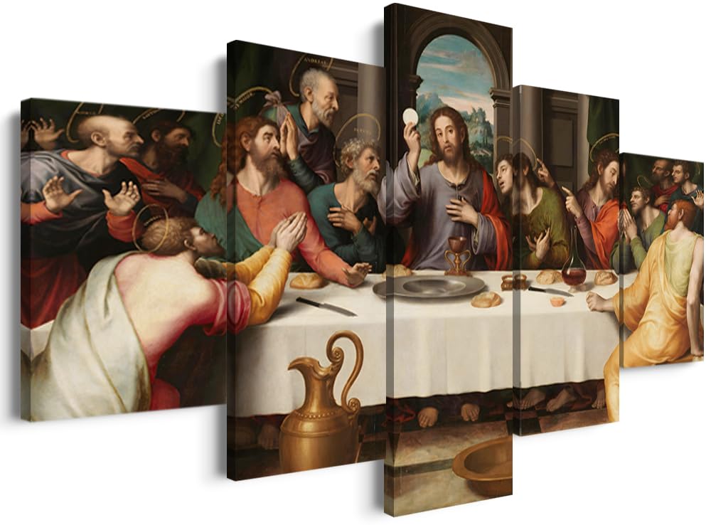 YOUHONG 5 Piece Leonardo Da Vinci Religious Wall Decor Christian Wall Art Jesus Wall Art The Last Supper Painting for Dining Room Decor (60''W x 32''H)
