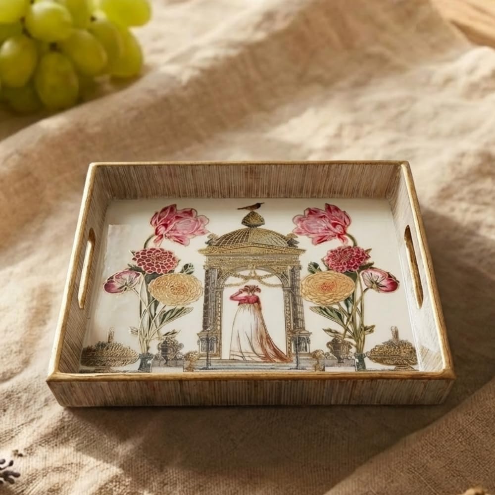 House Of Wemy Designer Serving Tray With Handles | Decorative Multipurpose Tray For Tea, Snacks & Home DCor (1 Piece)