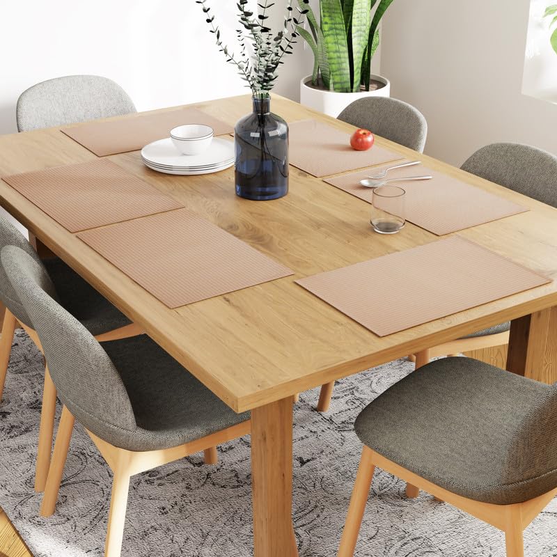Encasa Xo Dining Placemat Set Of 6 | Solid Beige Color | Fine Ribbed Cotton Table Mat | Size 19X13 In | Machine Washable