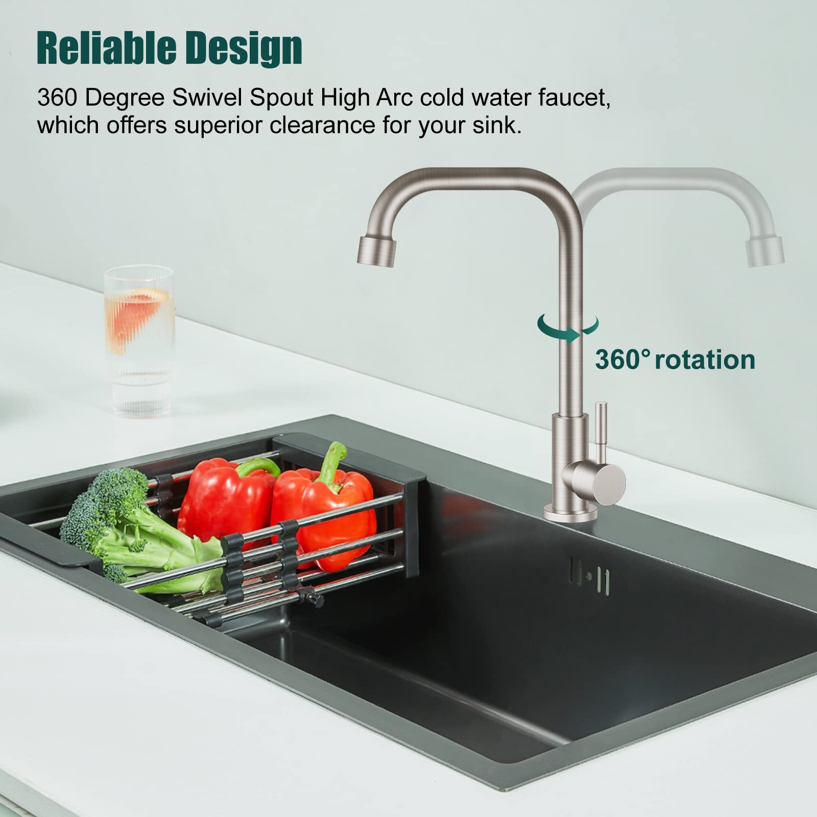 Cold Only Water Kitchen Faucet Brushed Nickel Heyalan Single Lever Handle 304 Stainless Steel Commercial Bar Tap Decked Mounted 360 Degree Swivel Spout Longer Thread Pipe