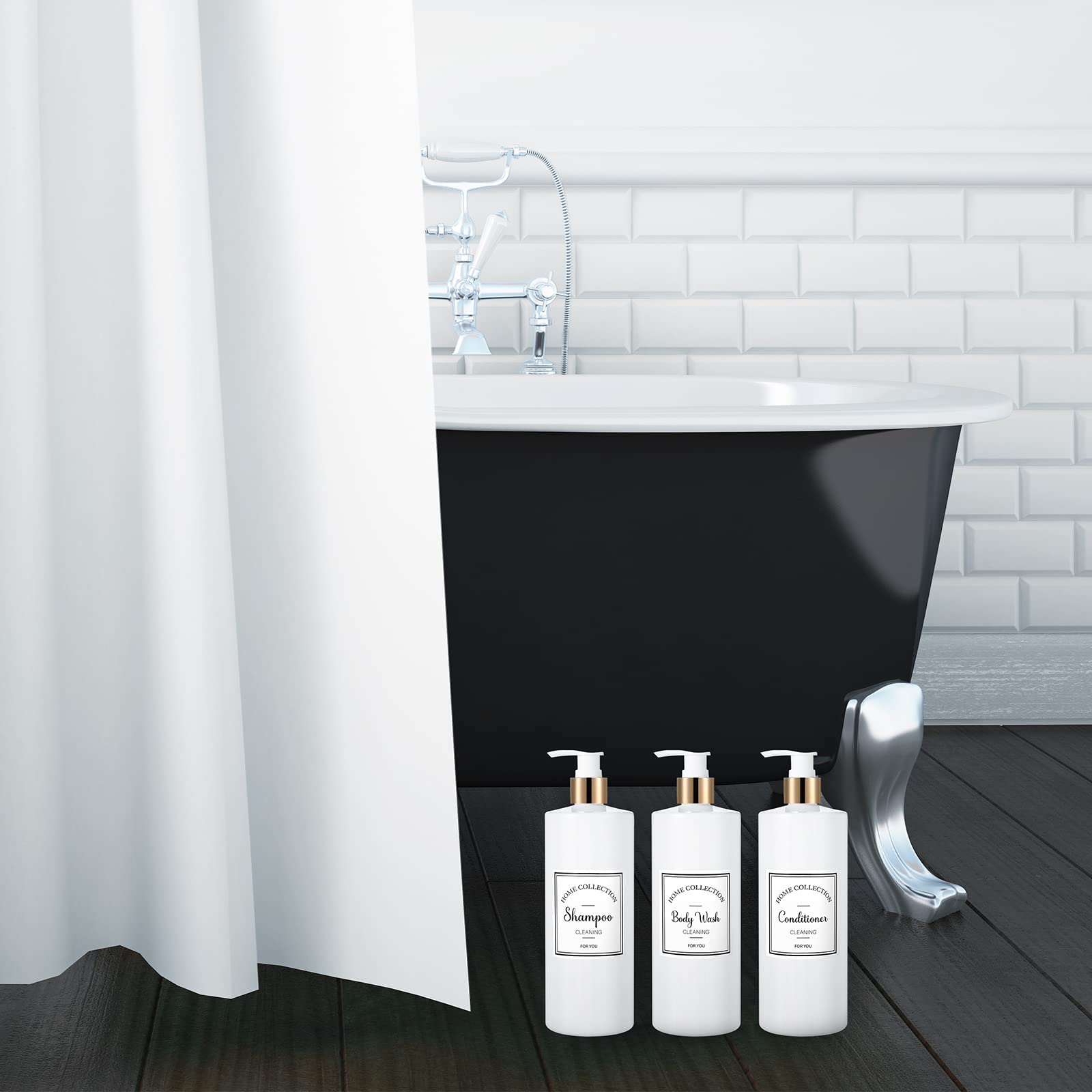 3 Pieces 16Oz Pump Bottle Set Shampoo And Conditioner Bottle Plastic Refillable Soap Dispenser Shower Dispenser With 6 Label Sti