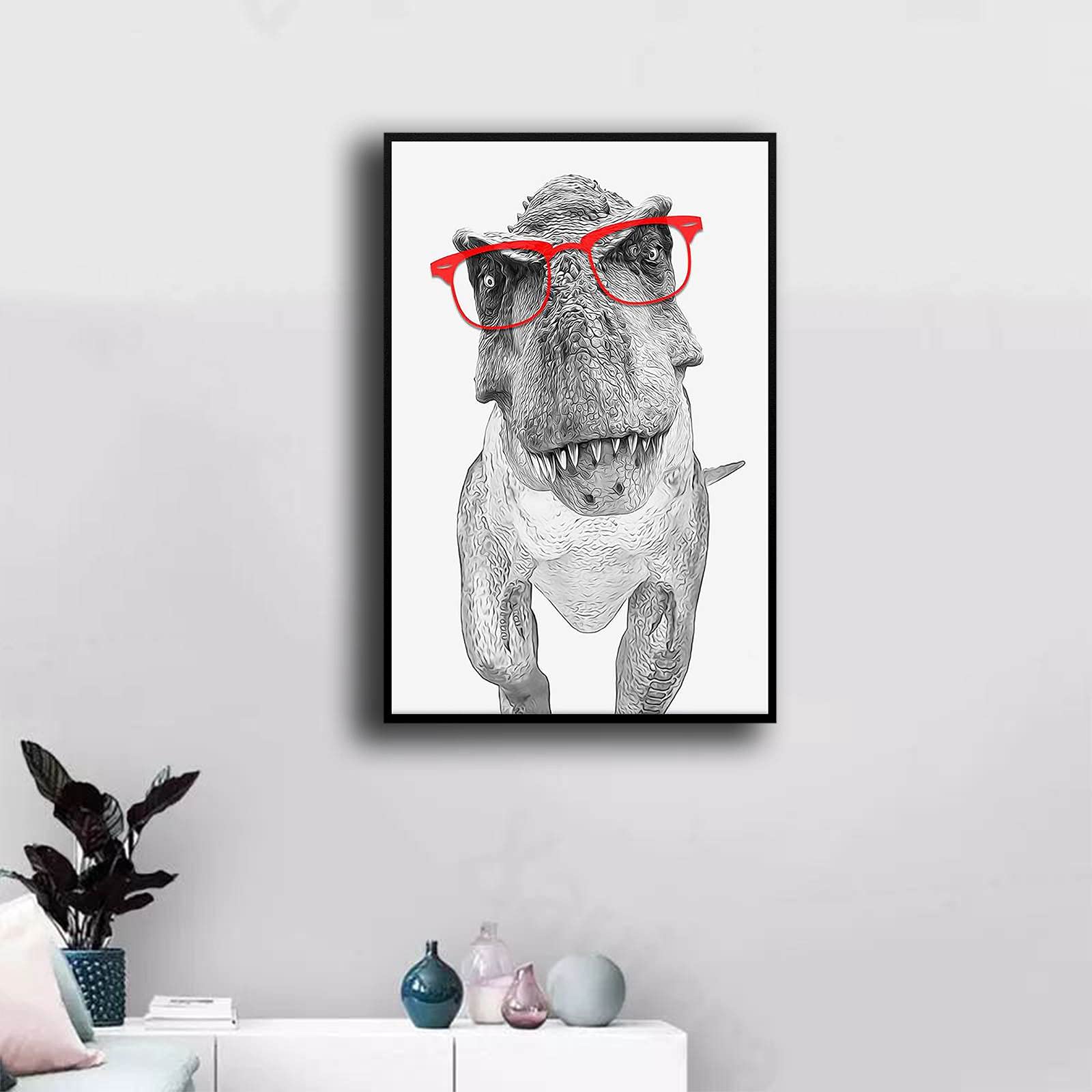 Black And White Dinosaur Art Print Girls Nursery Wall Art Canvas Painting Farm Animal Nordic Poster-08X12Inch(20X30Cm)-Wooden Fr
