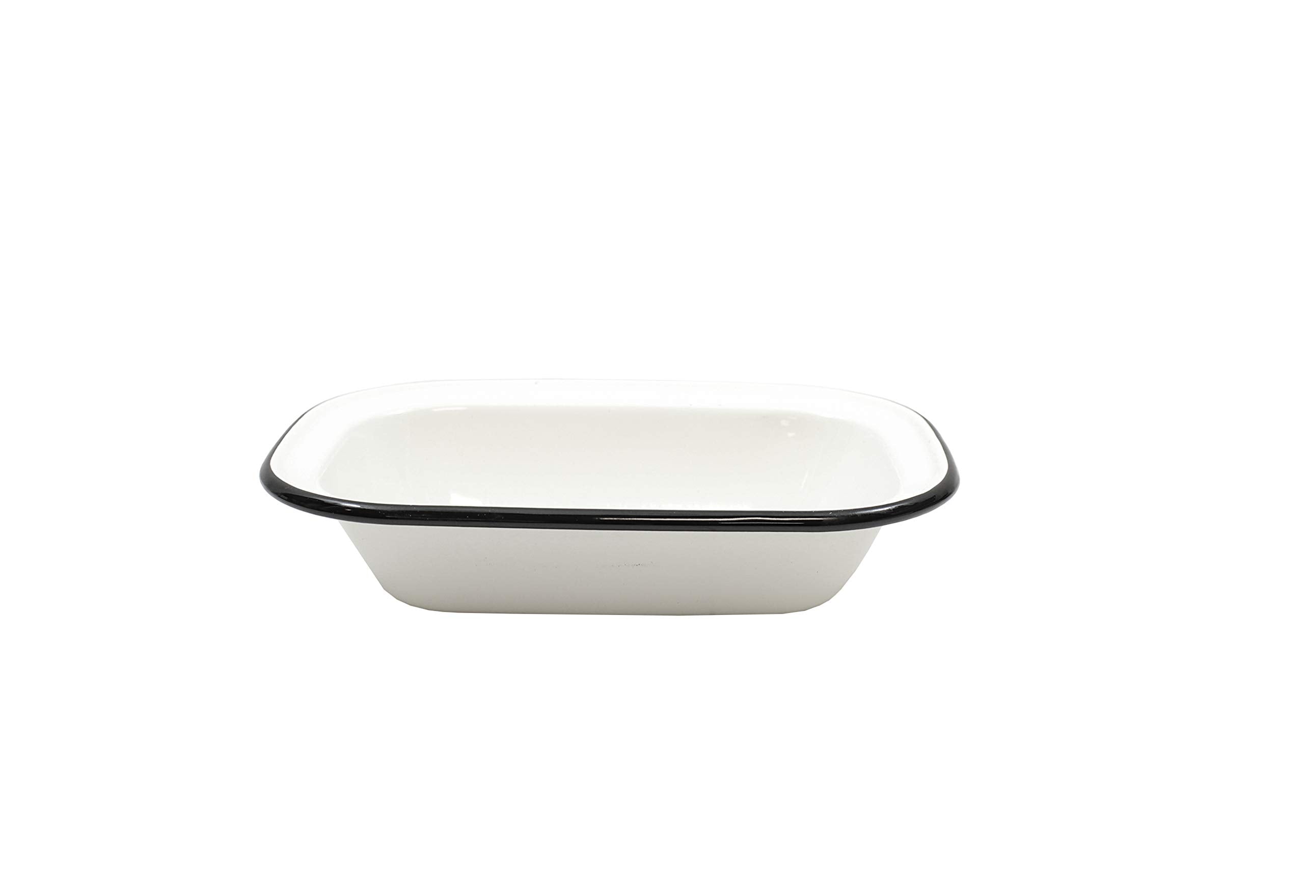 TableCraft 80014 Enamelware Collection Serving Pan, Solid White with Black Rim, Porcelain Over Steel, OventoTable, Camping, Fa