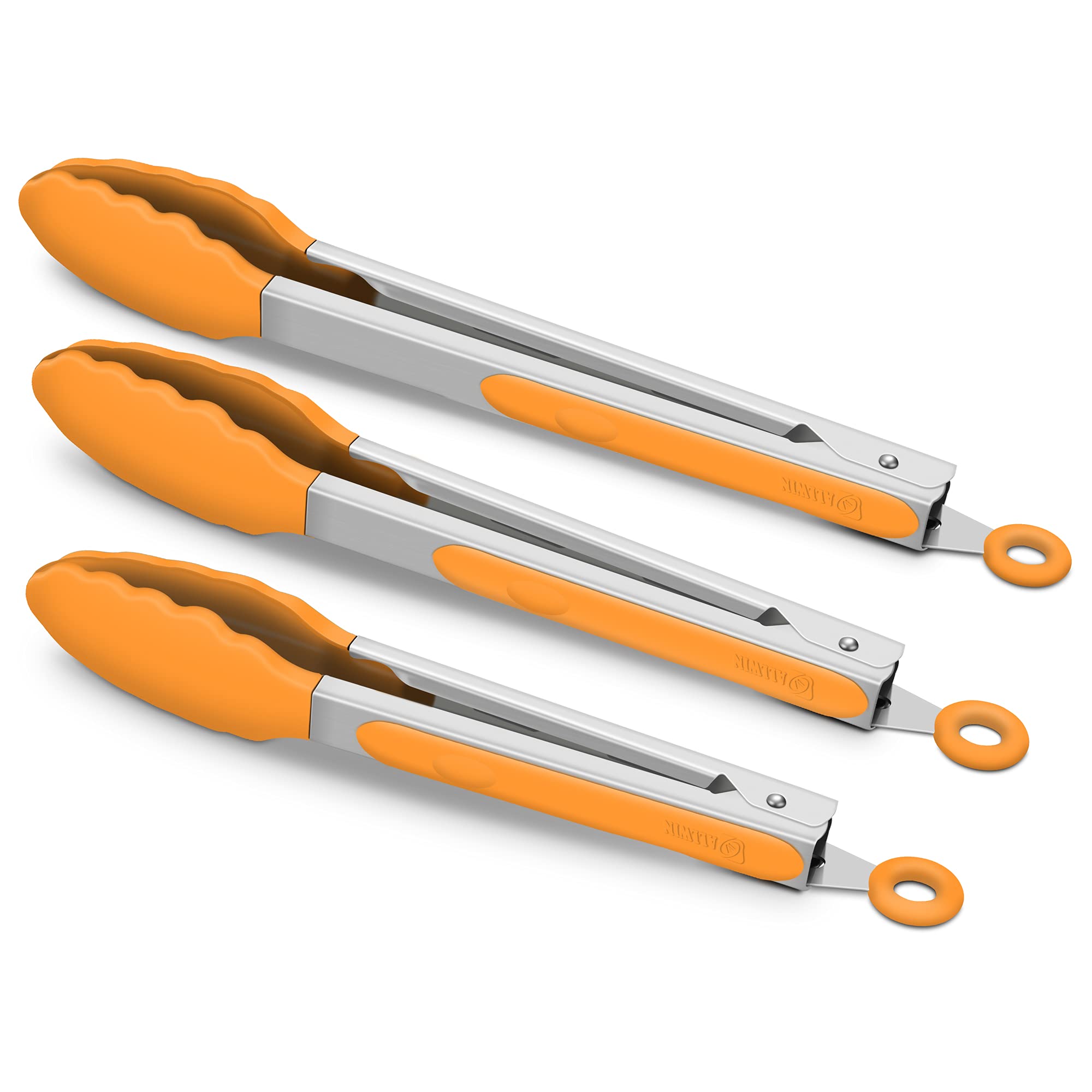 3 Pack Orange Kitchen Tongs, Premium Silicone Bpa Free Non-Stick Stainless Steel Bbq Cooking Grilling Locking Food Tongs, 9-Inch