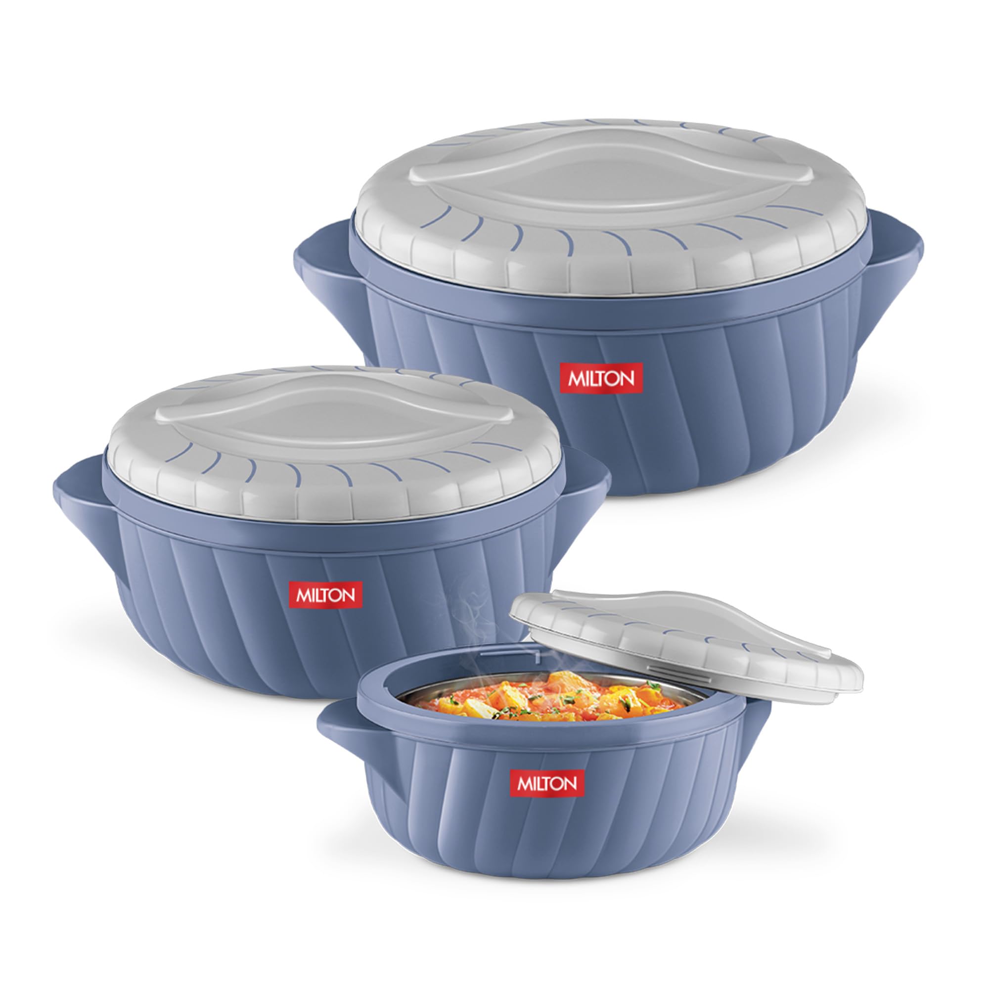 Milton Flora Regular Set Insulated Inner Steel Casserole for Roti 3Pc (750ml 1.25L & 2.1L) Hot Box for Kitchen, Hot Pot with Lid