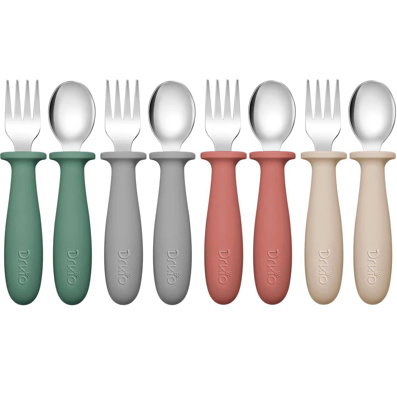 DRKIO 8 Pieces Toddler Utensils Set - Kids Silverware Set with Silicone Handle Children Safe 18/8 Stainless Steel Forks and Spoo