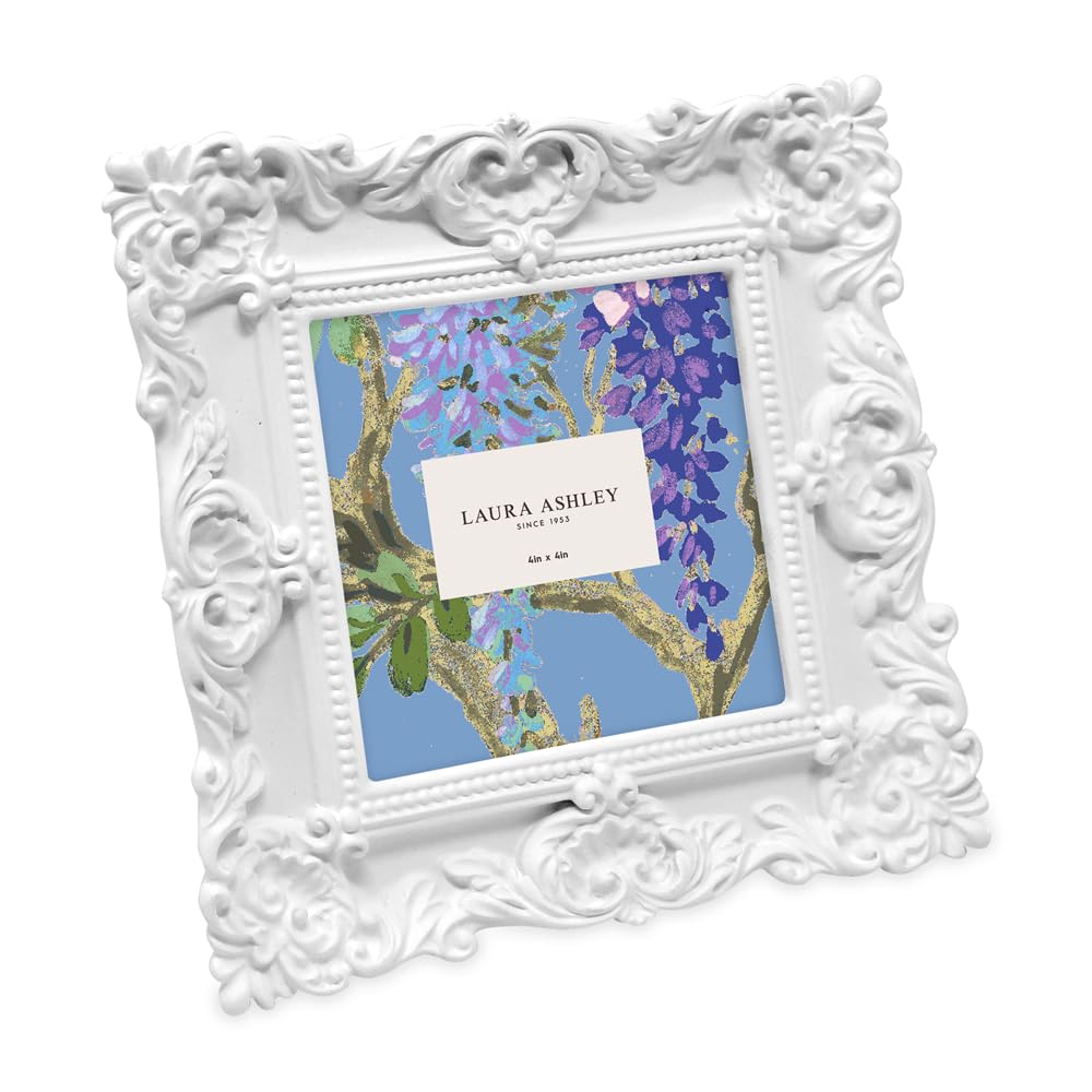 Laura Ashley 4x4 White Ornate Textured Hand-Crafted Resin Picture Frame with Easel & Hook for Tabletop & Wall Display, Decorativ