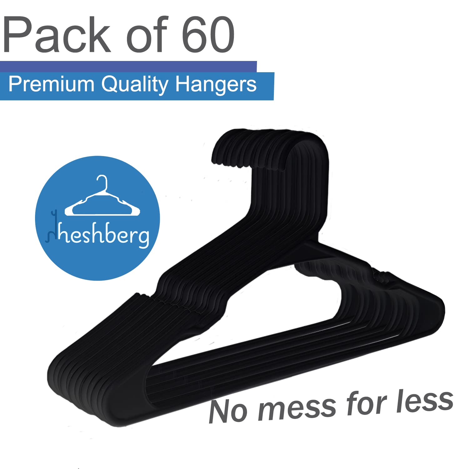Heshberg Baby And Kids Hangers - Small Plastic Closet Clothes Hangers For Babies Infant Toddler Children - 60 Pack (Black)