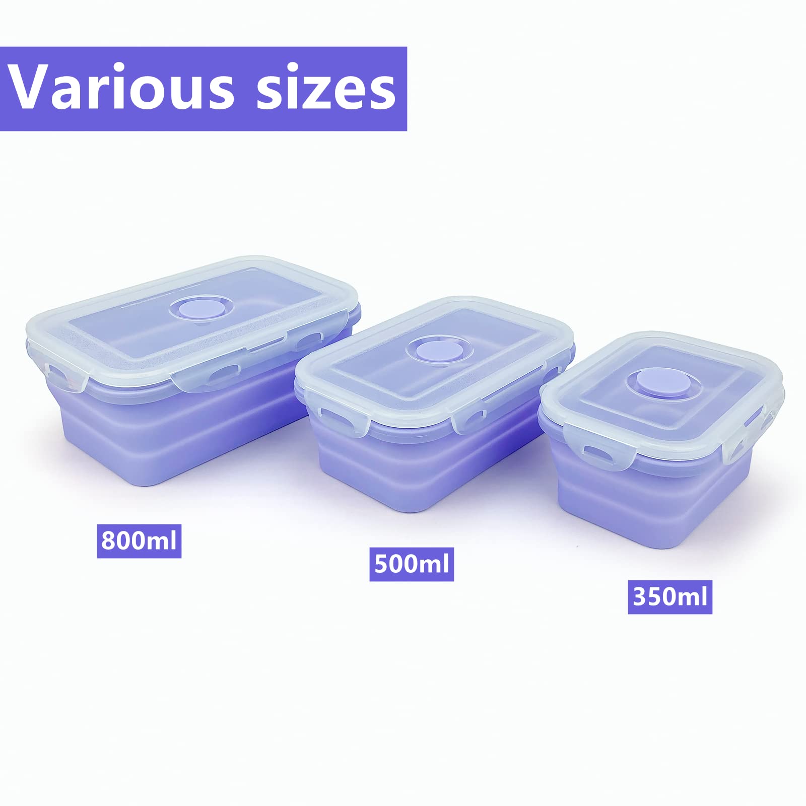 Lunbengo Purple Collapsible Meal Prep Containers Camping Bowls Silicone Bento Box With Airtight Plastic Lid, Microwave Safe, Por