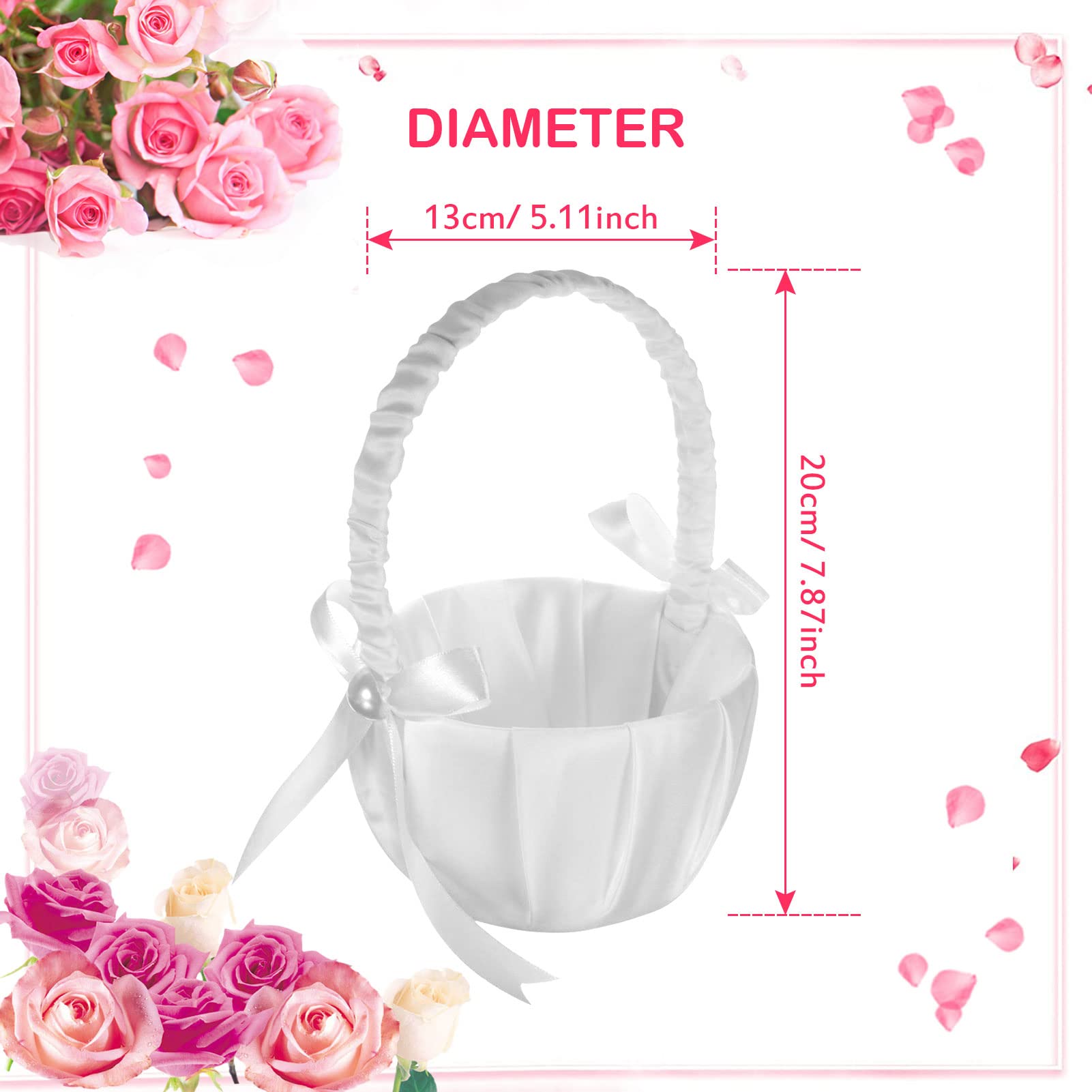4Pcs Wedding Flower Baskets, White Satin Bowknot Flower Baskets Pearl Collection Flower Girl Baskets For Weddings (Pearl Bow)