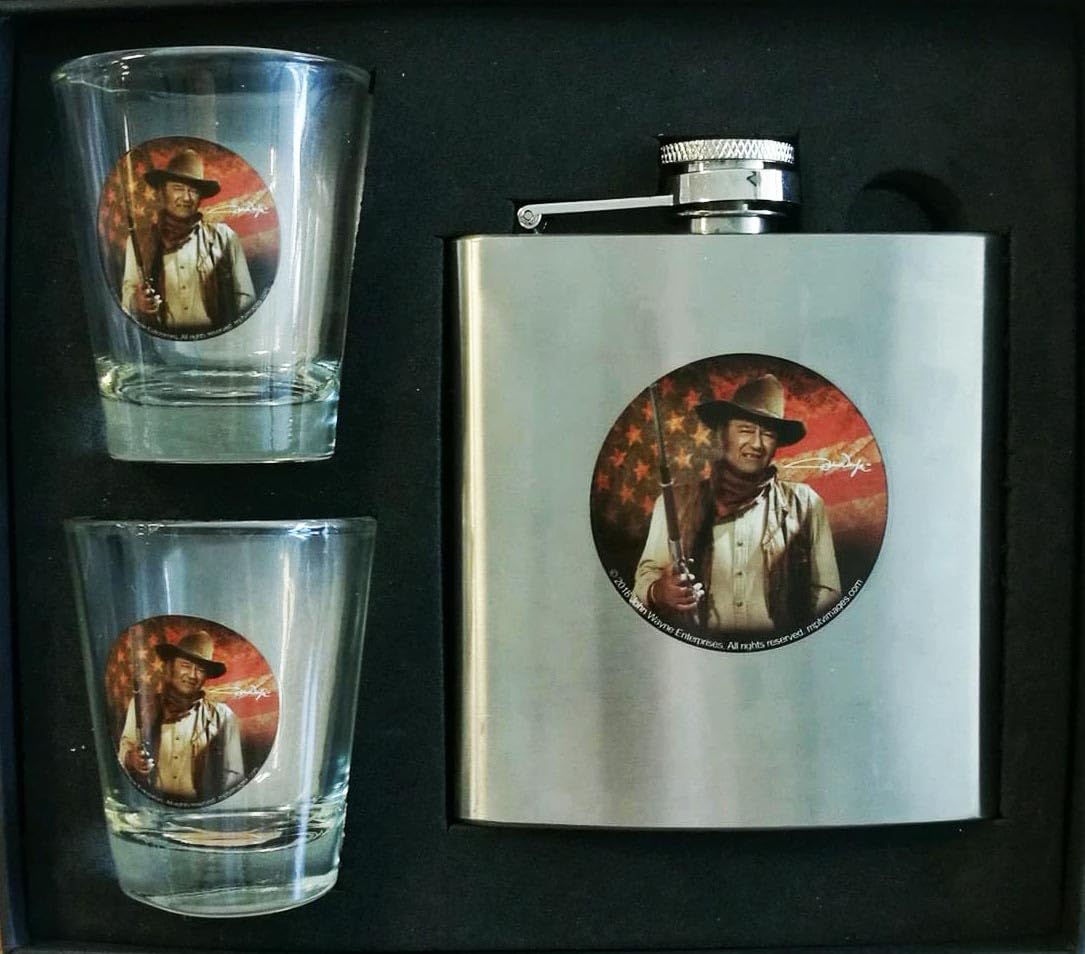 MidSouth Products John Wayne 3 PC Flask and Shot Glass Set, 5 oz Flask with 2 Glasses, Western Gift Set