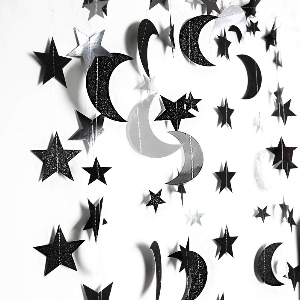 Ramadon Party Decoration Black Silver Crescent Moon Star Garlands Halloween Birthday Decorations Hanging Twinkle Star Garlands for Bday Wedding EID Retirement Graduation New Year Even Party Suppies