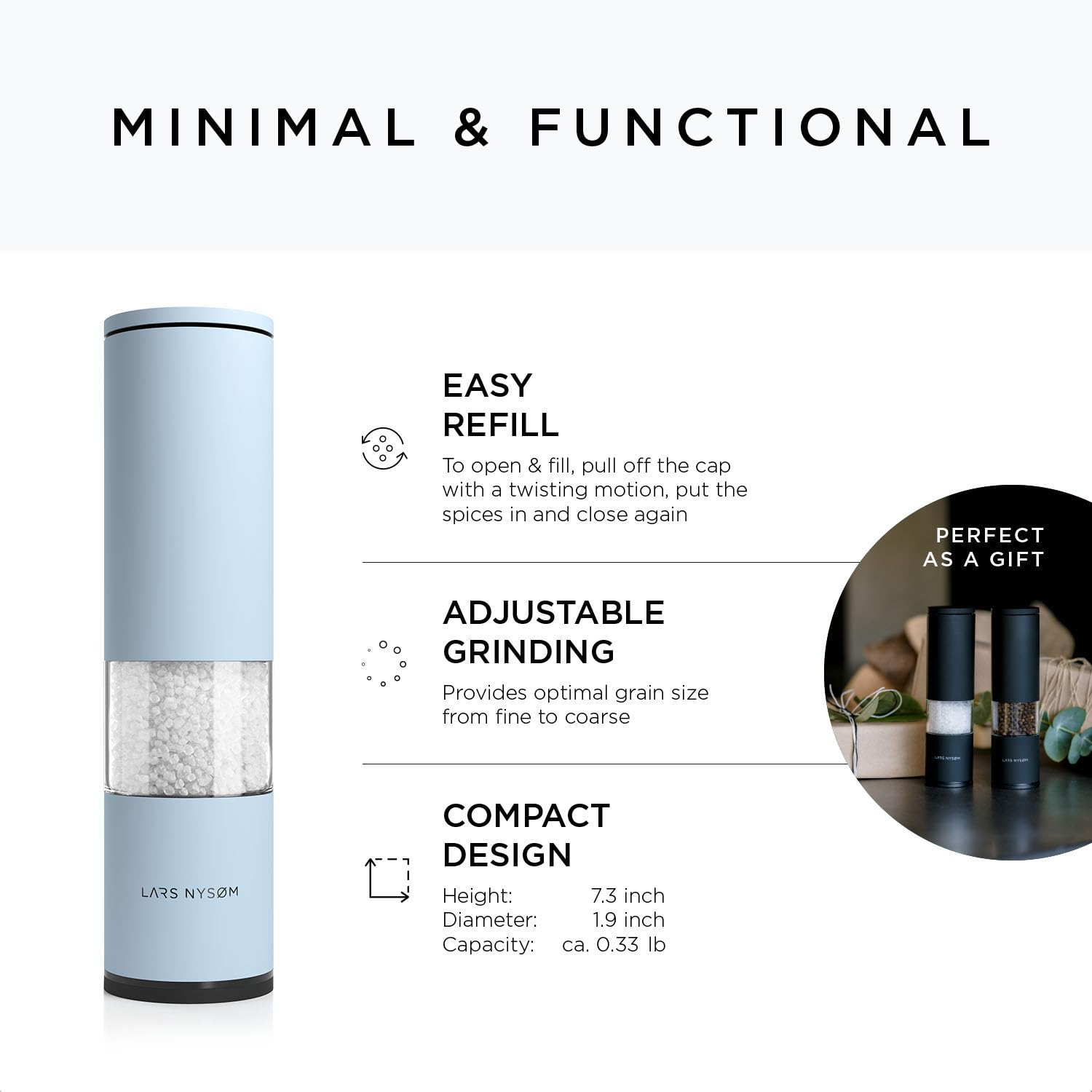 LARS NYSØM Stainless Steel Salt and Pepper Mills Set, Adjustable Ceramic Grinder, Baby Blue, Set of Two Manual Mills