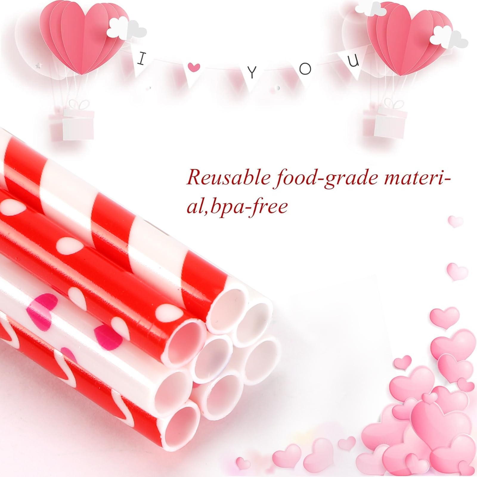 Janyun 40 Pieces Valentine'S Day Drinking Straws Bpa-Free 9'' Printing Hard Platic Valentine Holiday Reusable Straws For Family