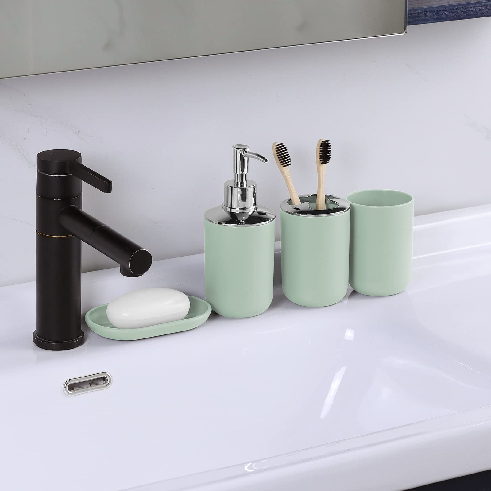 Imavo Bathroom Accessory Set - 6 Piece Green Bathroom Accessories Set With Trash Can, Soap Dispenser, Soap Dish, Toothbrush Hold